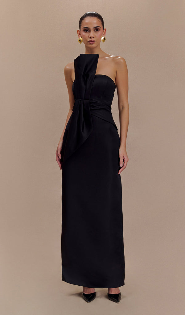 Black Strapless Satin Maxi Dress