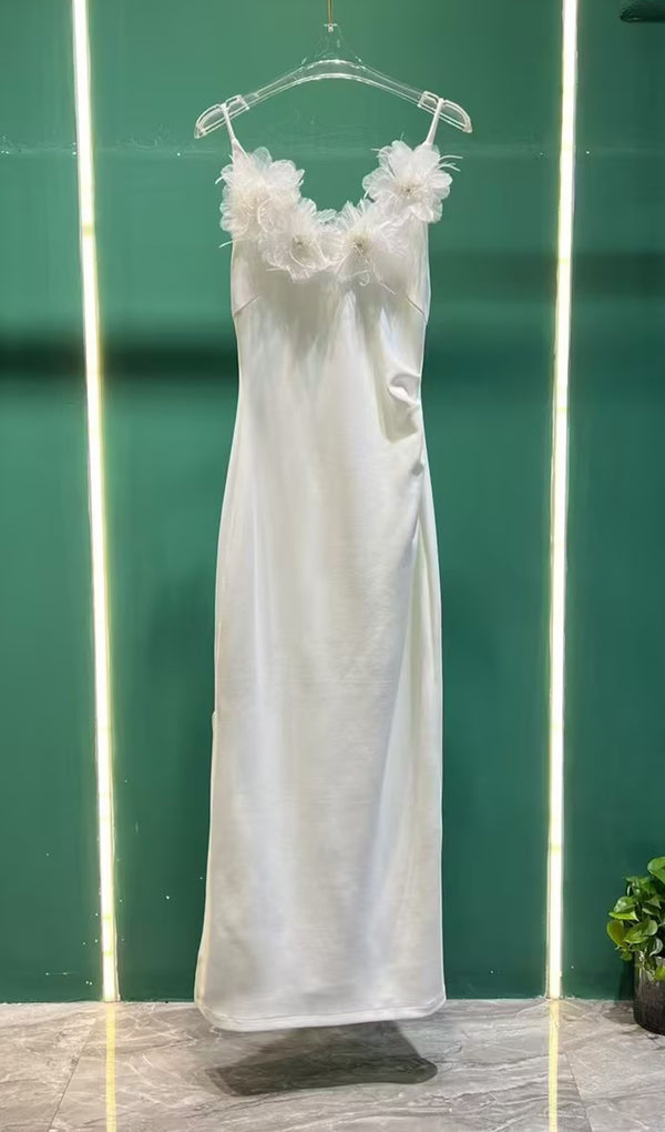 Feather Trim Slip Midi Dress White