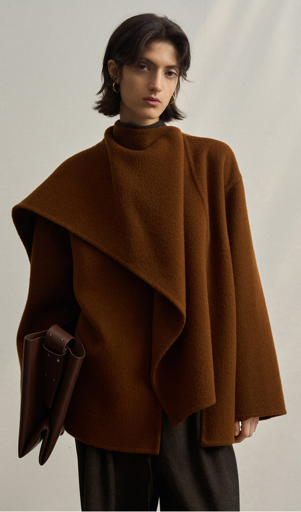 Solid Cape Style Coat-Chestnut