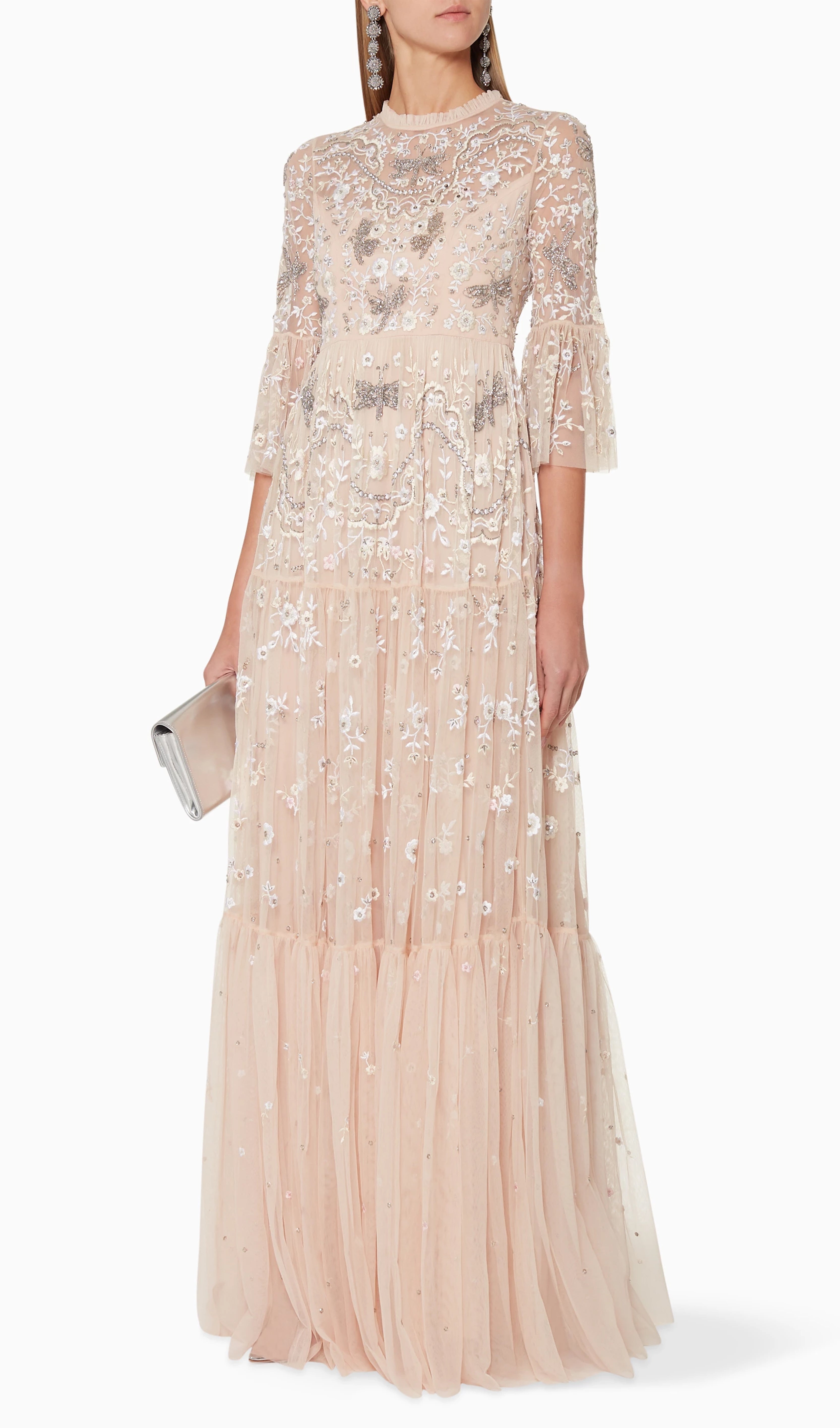 Embroidered Flower Sequins Mesh Maxi Dress