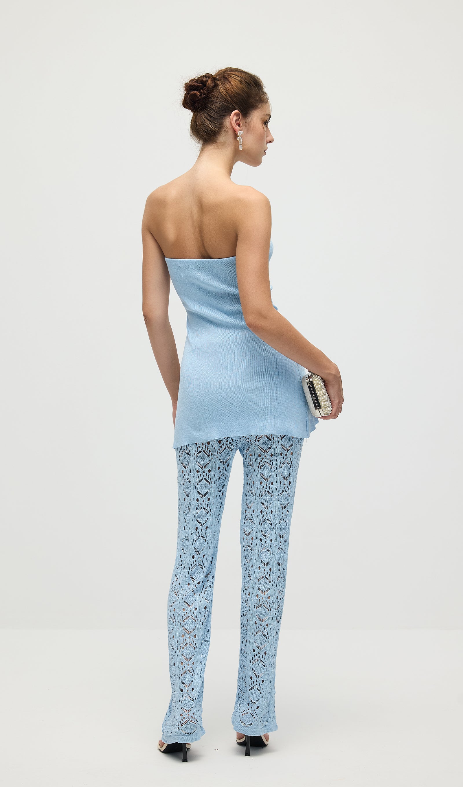 Bandage Knit Top & Crochet Knit Pants In Blue