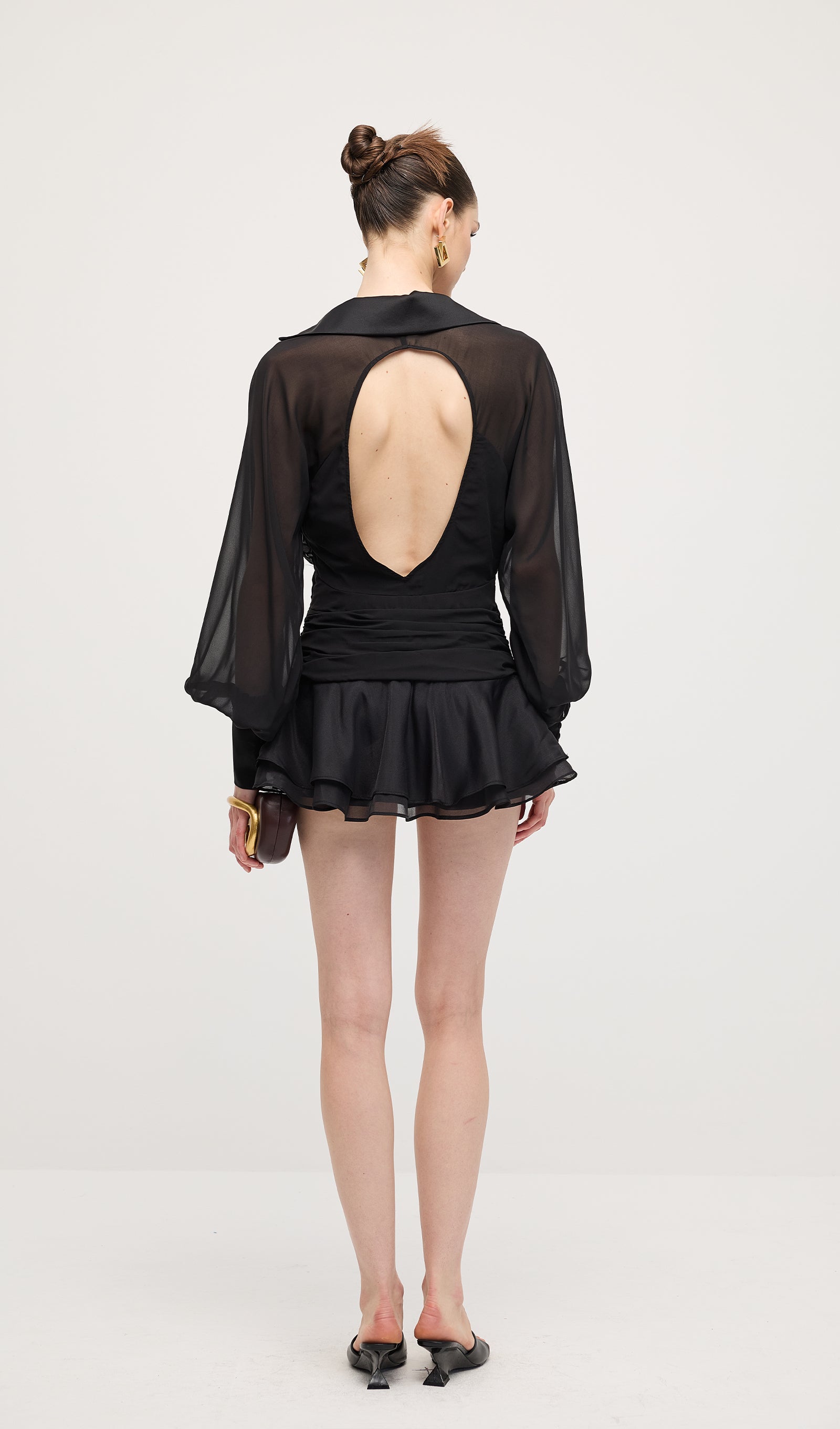 Solid Lantern Sleeve Mini Dress In Black
