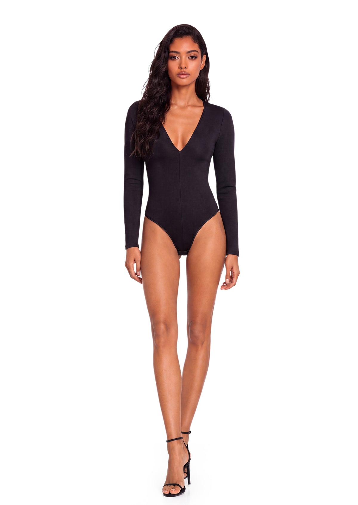 Abelard V Neck Long Sleeve Bodysuit  In Black