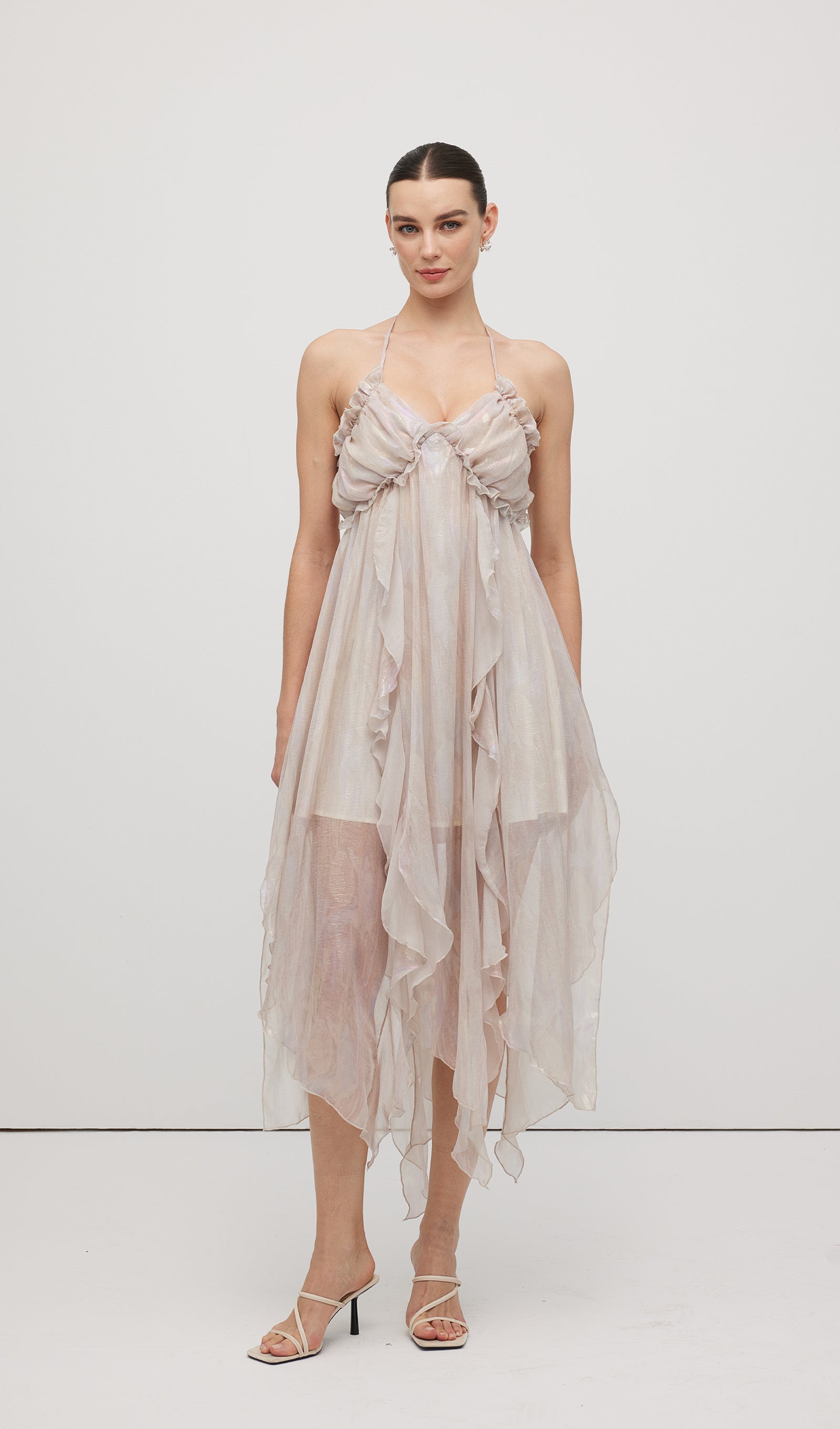 Halter Tulle Pleated Midi Dress In Pink