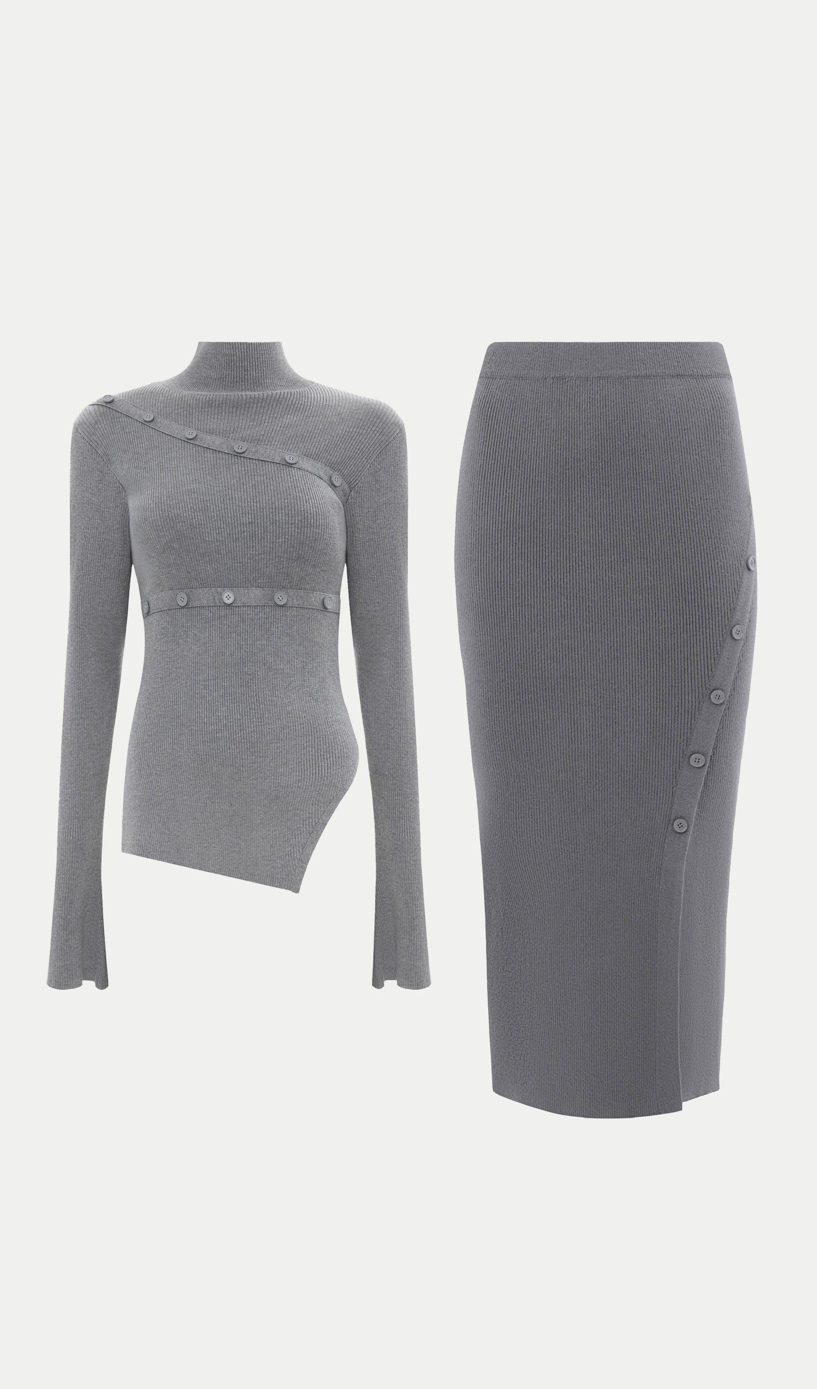 Asymmetrical Top & Maxi Skirt With Side Slit Set Grey