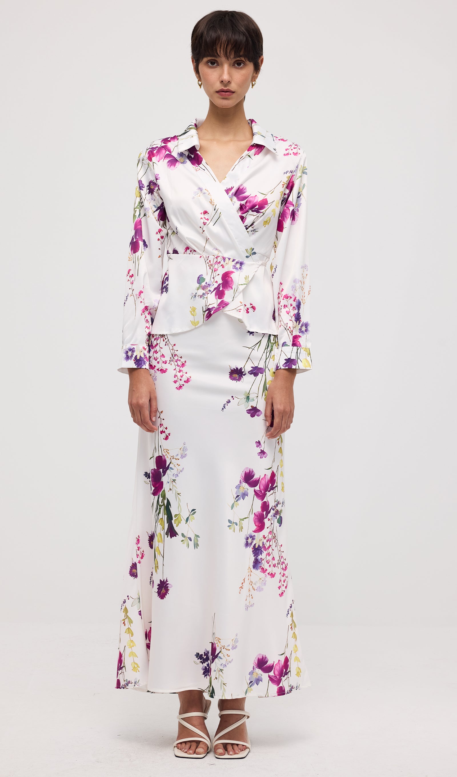 Floral Print Satin Maxi Skirt Two Piece Sets