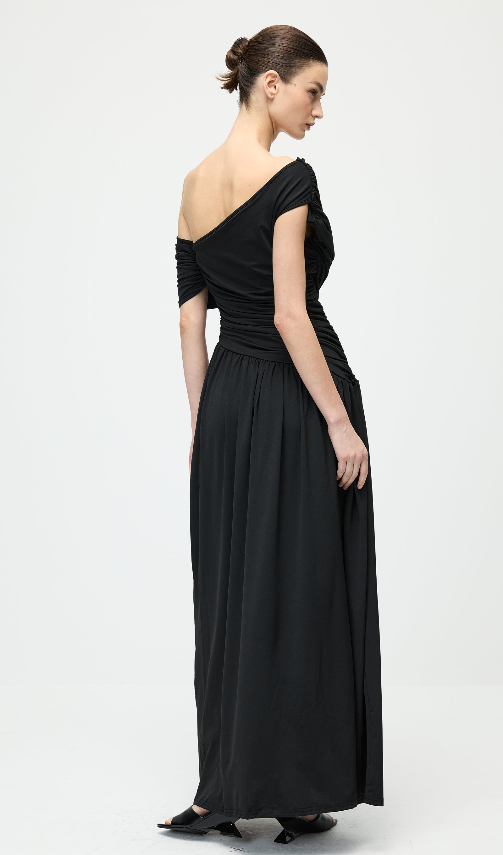 Black Off Shoulder Pleated Maxi Dress