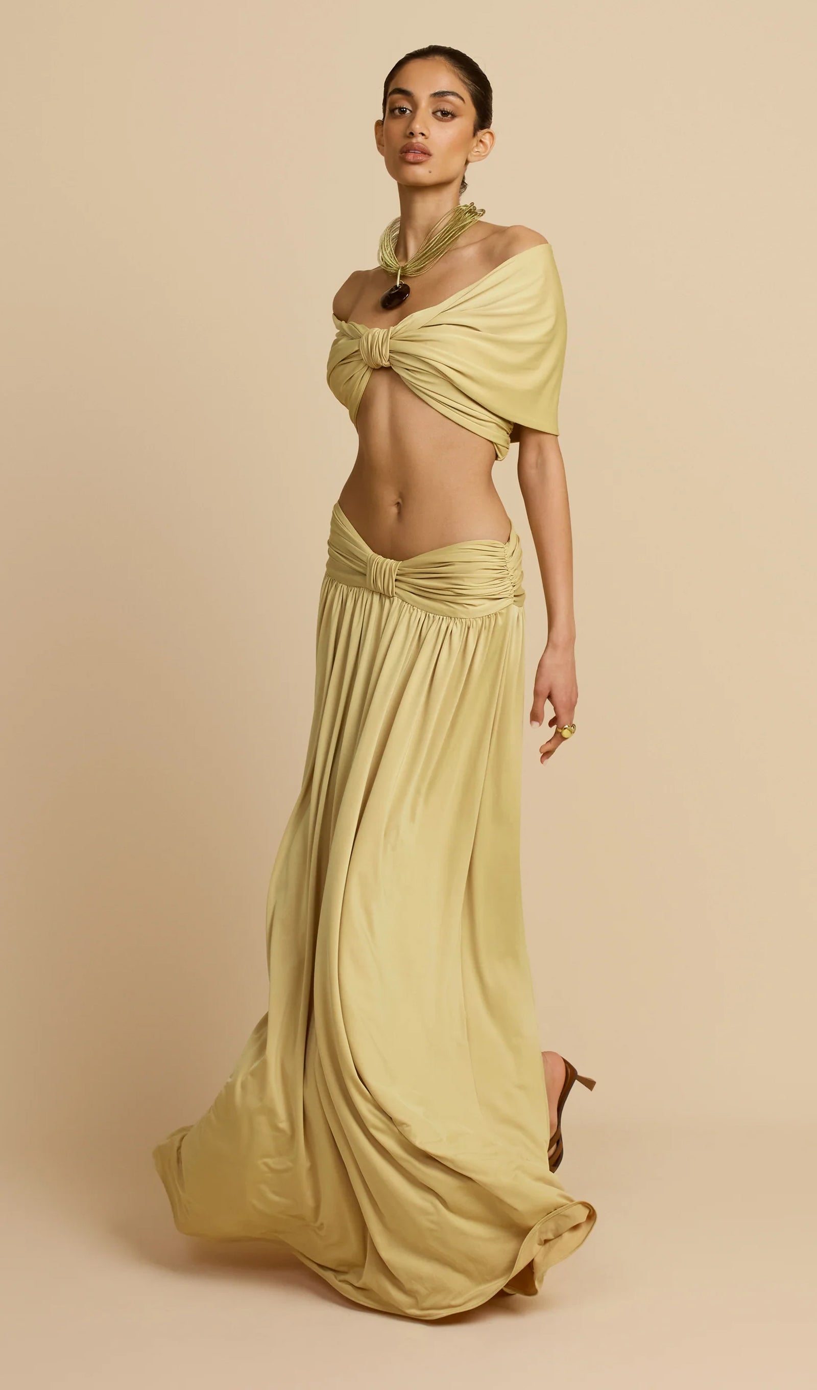 Ruched Top & Maxi Skirt Two Piece Set In Lemon