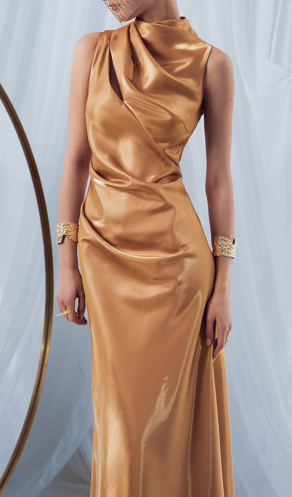Asymmetrical  Drap Glossy Maxi Dress In Gold