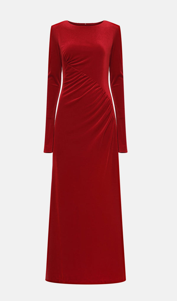 Long Sleeved Gathers  Maxi Dress Red