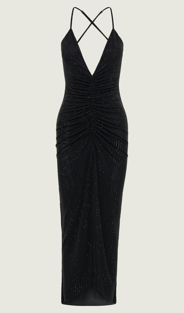 Diamante With Wrinkles Midi Dress In Black