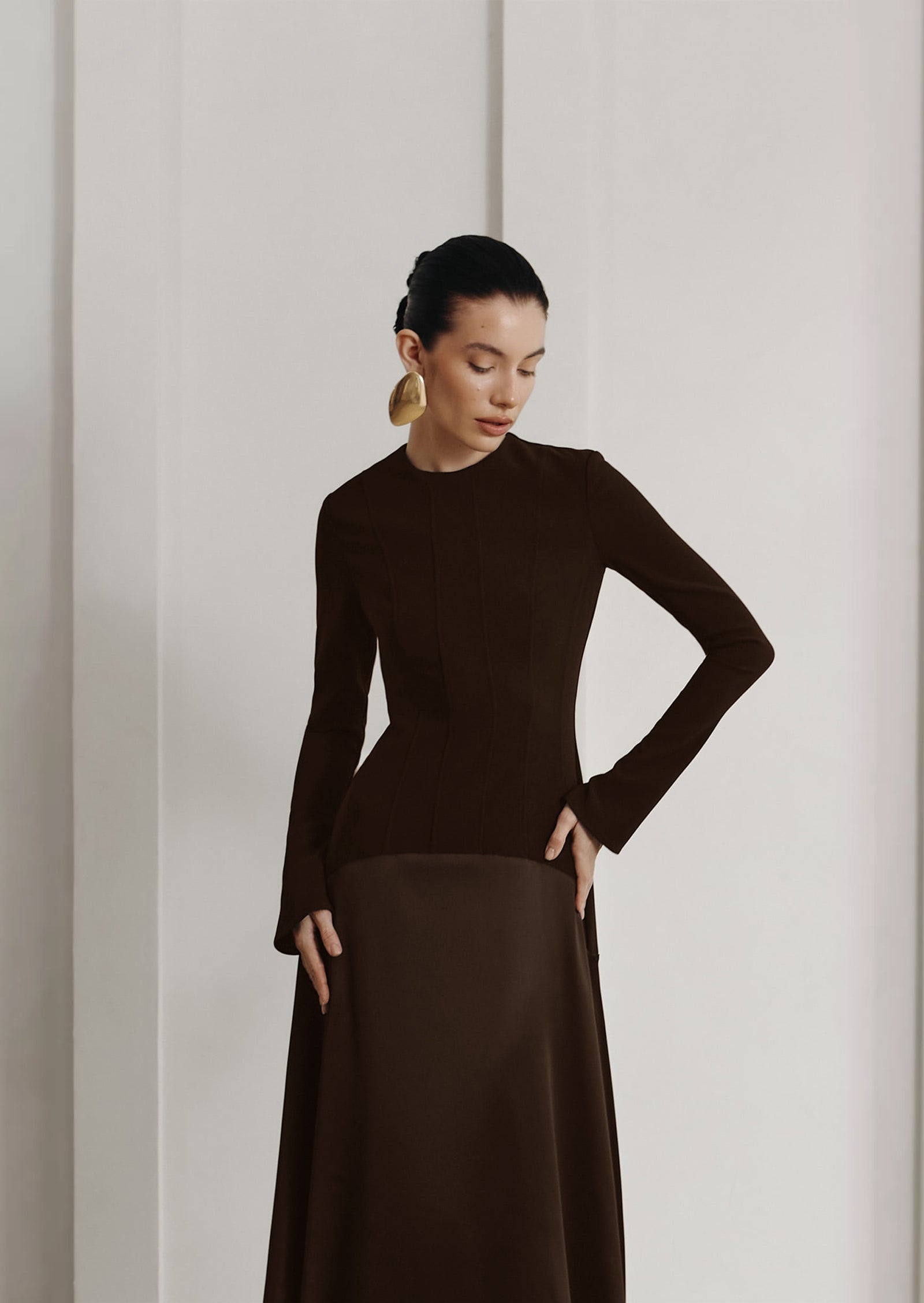 Knitted Satin Maxi Dress -Coffee