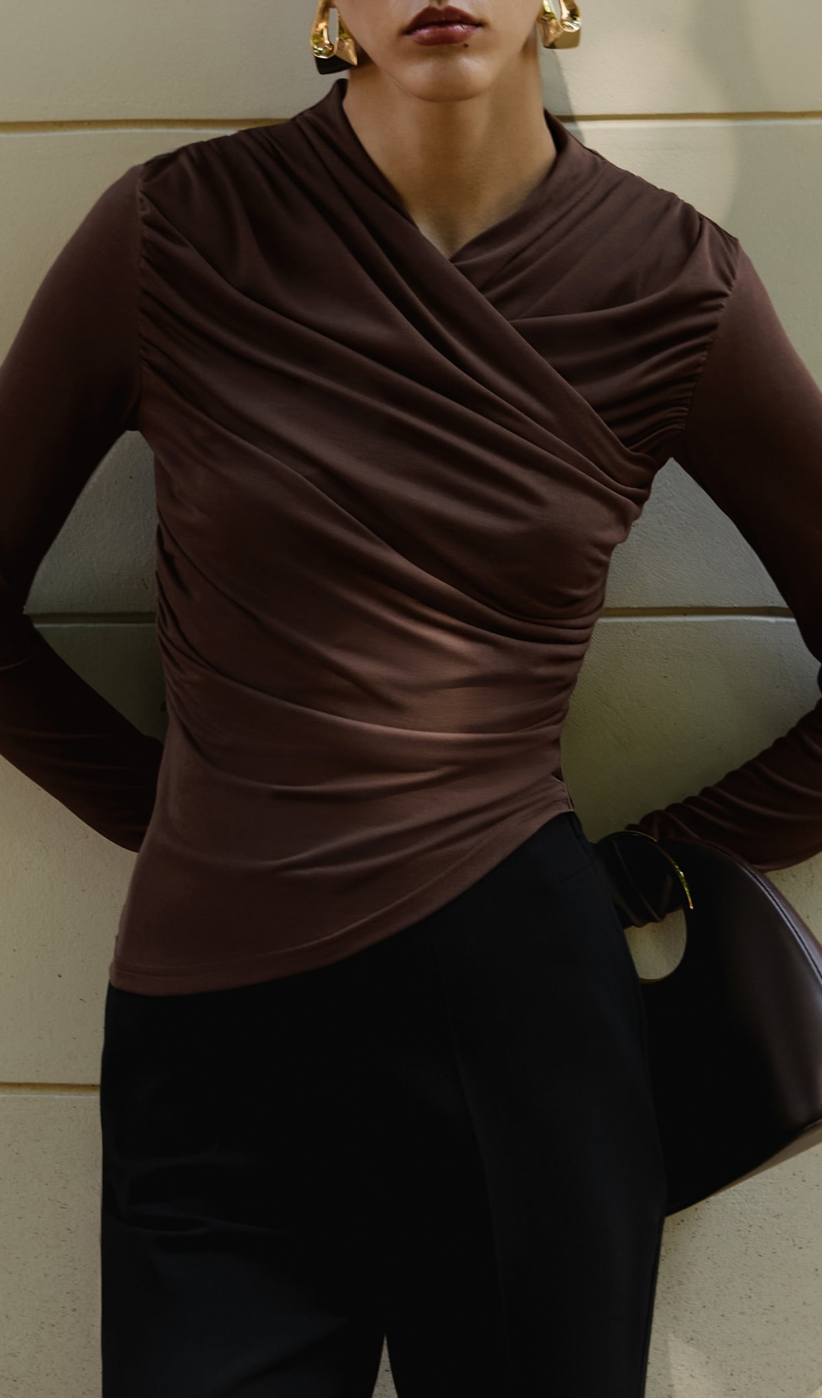Jersey Long Sleeve Top In Brown