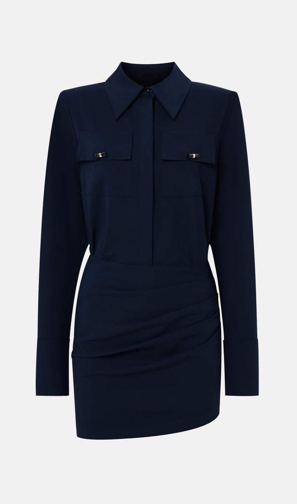 Lapel Collar And Draped Mini Dress Set In Black