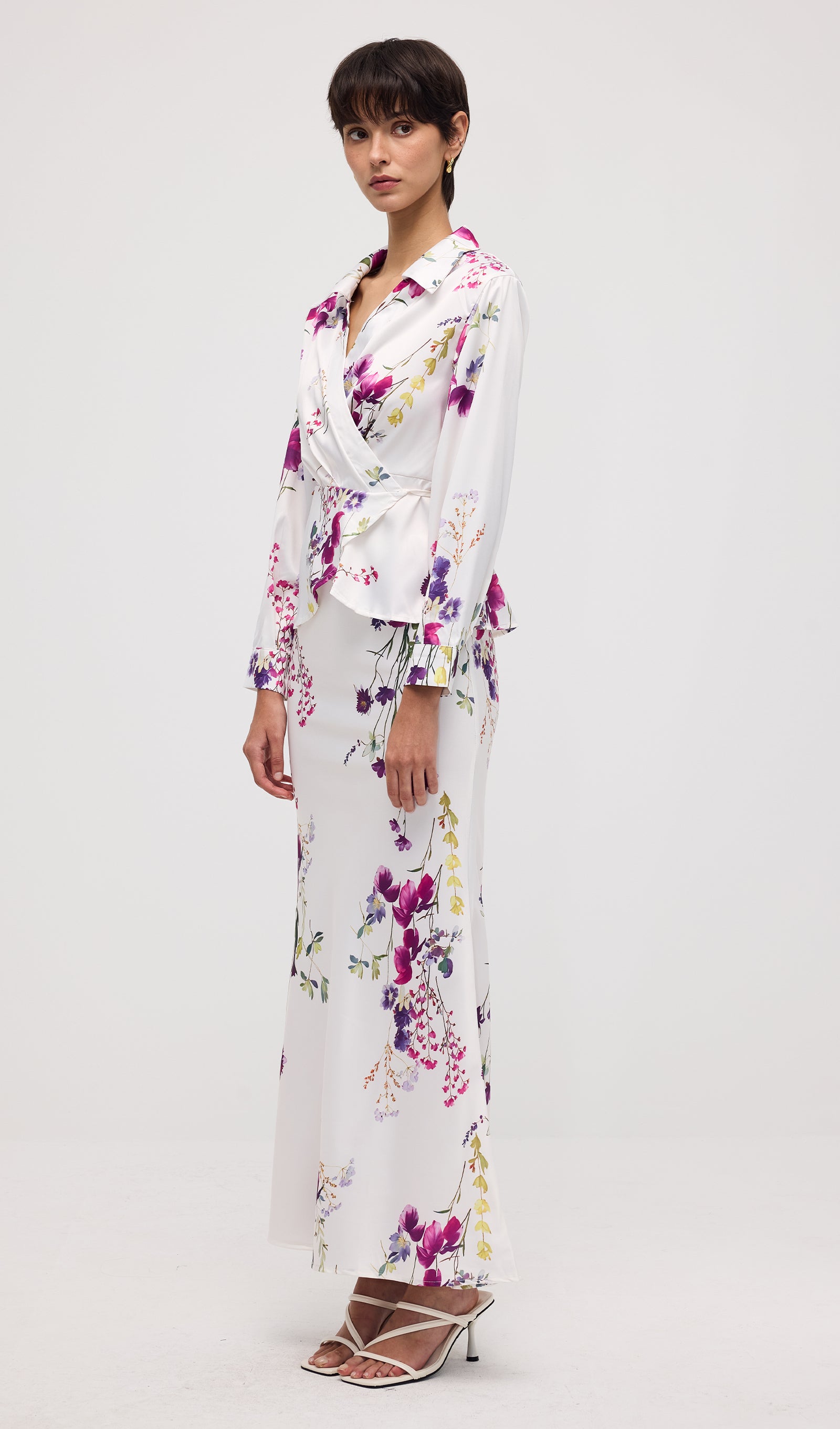 Floral Print Satin Maxi Skirt Two Piece Sets