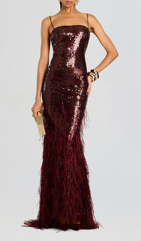 Sequin Feather Maxi Dress-Claret