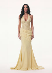 Estrela Halter Mermaid Maxi Dress With Train In Lemon