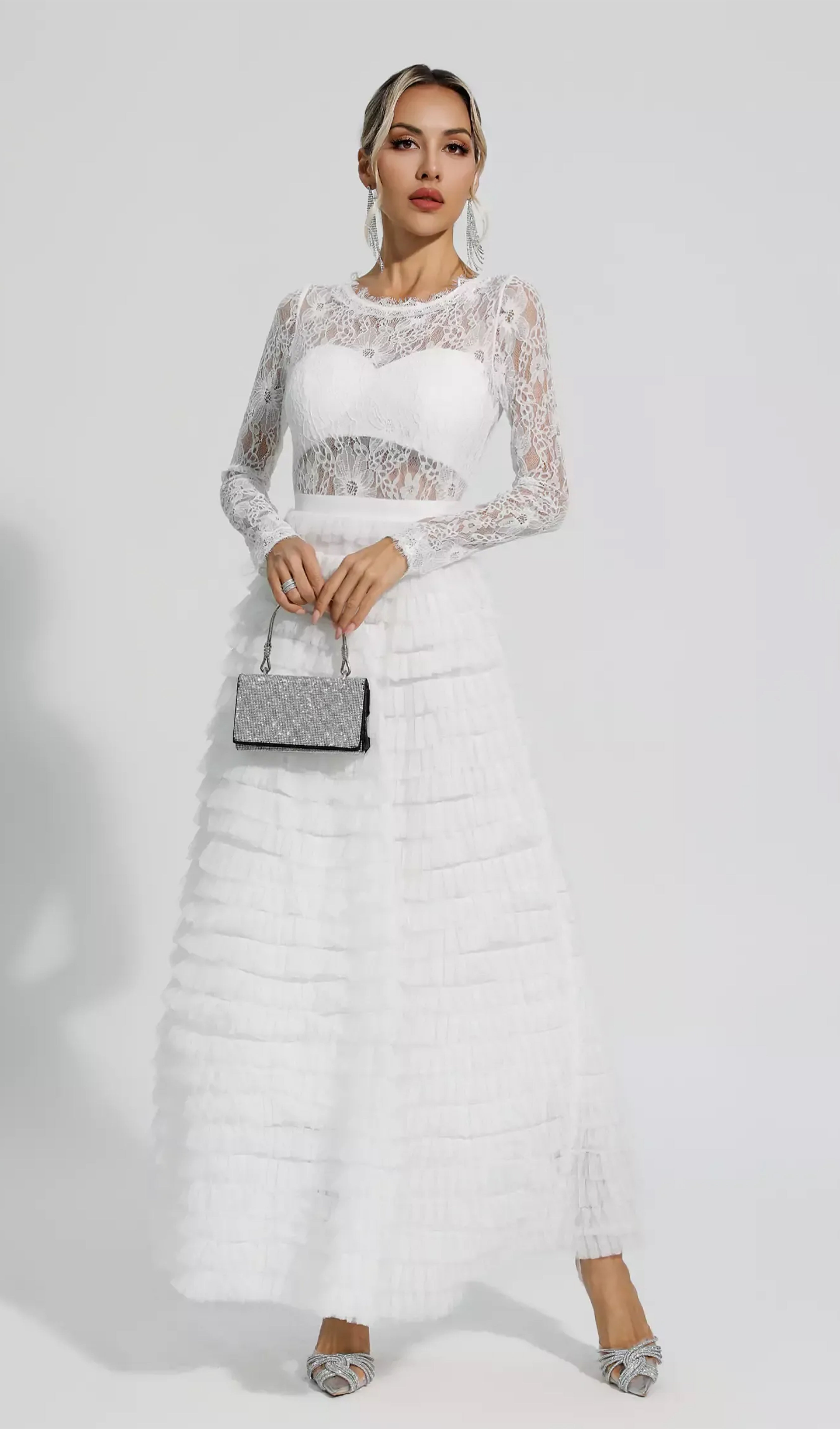 Long Sleeve Lace Mesh Midi Layered Dress