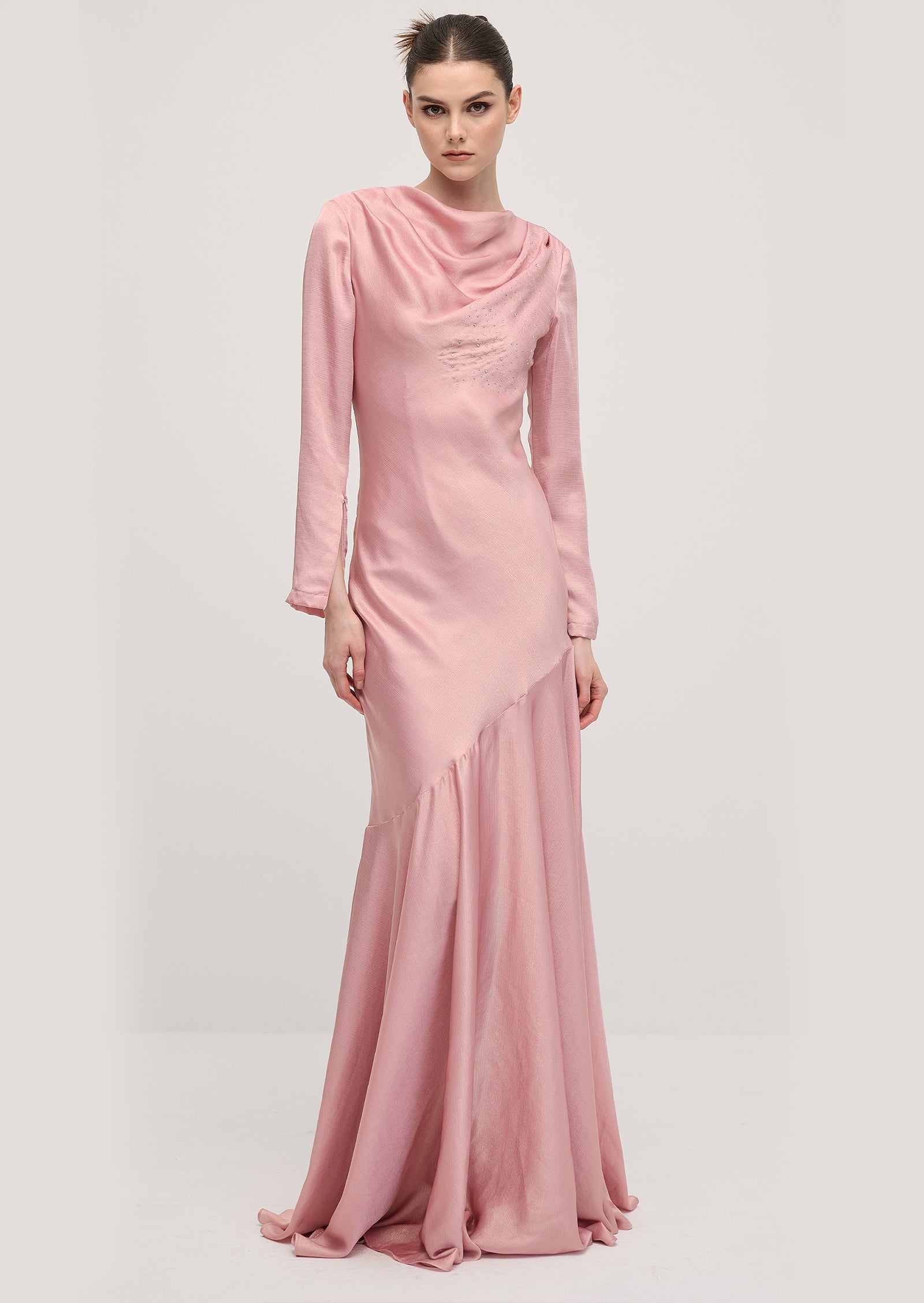 Fitted Satin With Rhinestones Maxi Dress In Pink