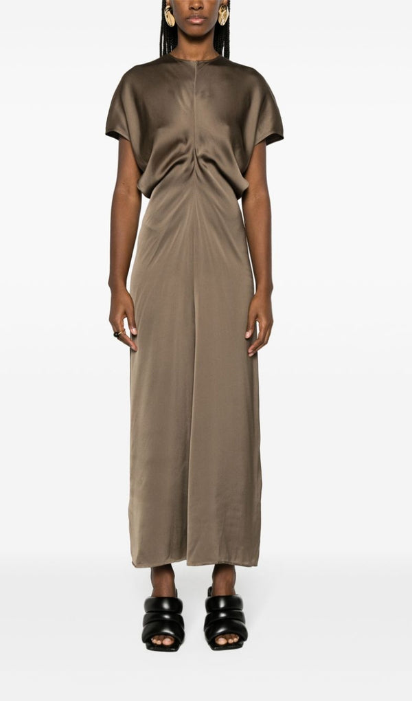 Slouch Waist Satin Midi Dress-Coffee