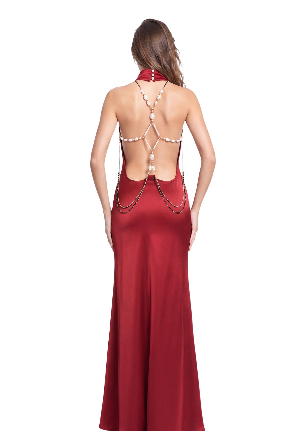 Badar Satin Halter Neck Maxi Dress In Red
