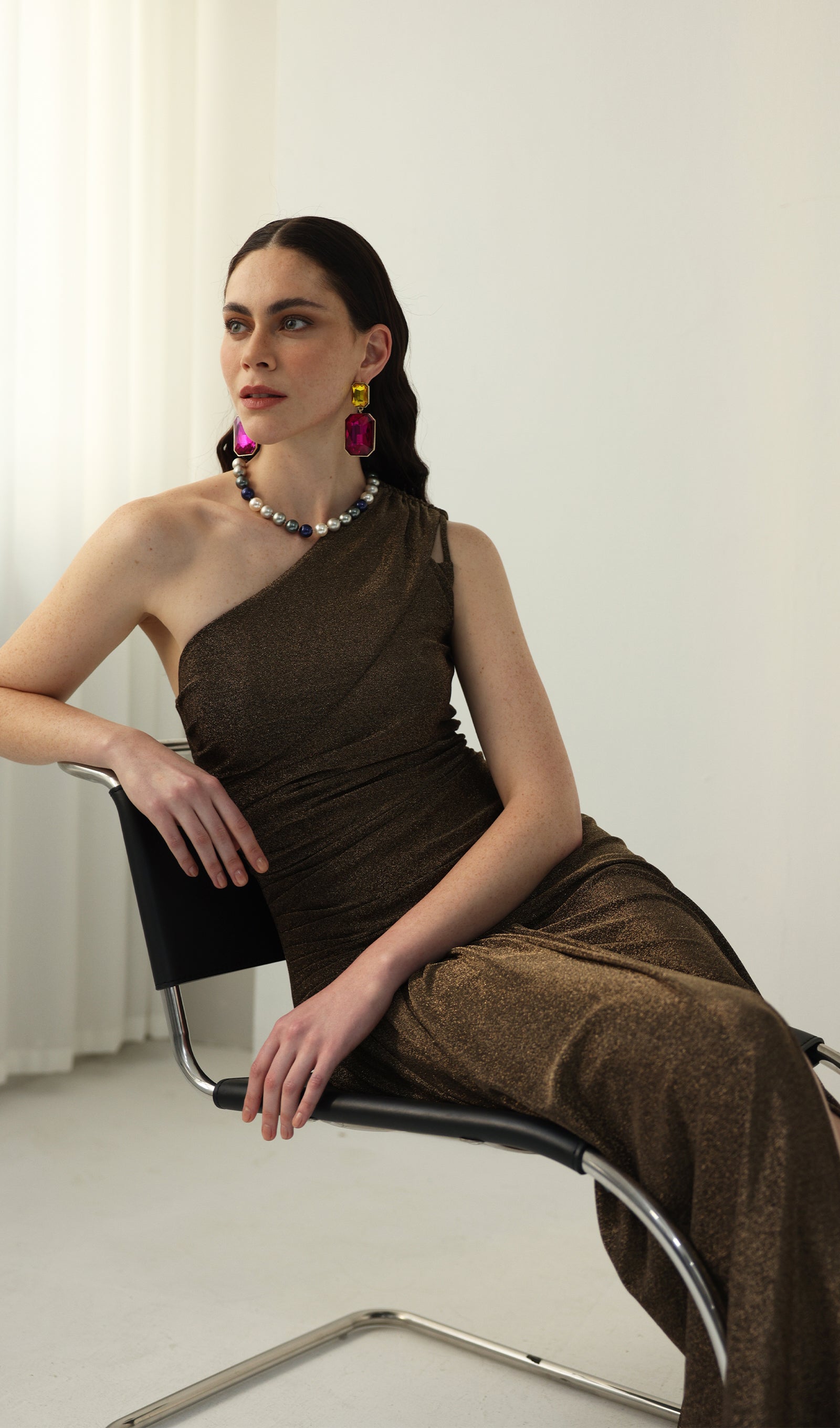 One-Shoulder Glitter Split Maxi Dress