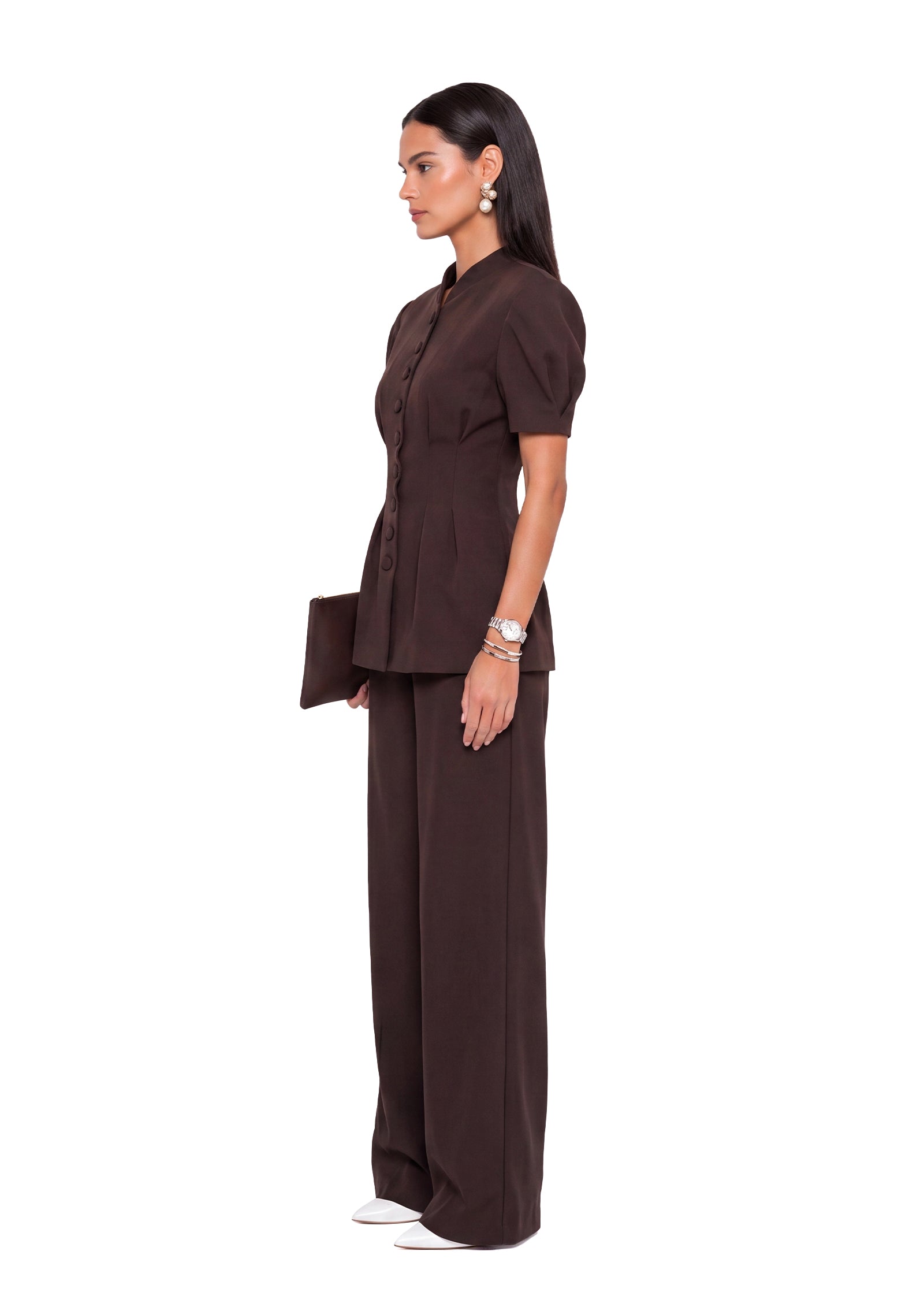 Adelle Short Sleeeve Waist-Sitting Suit In Coffee
