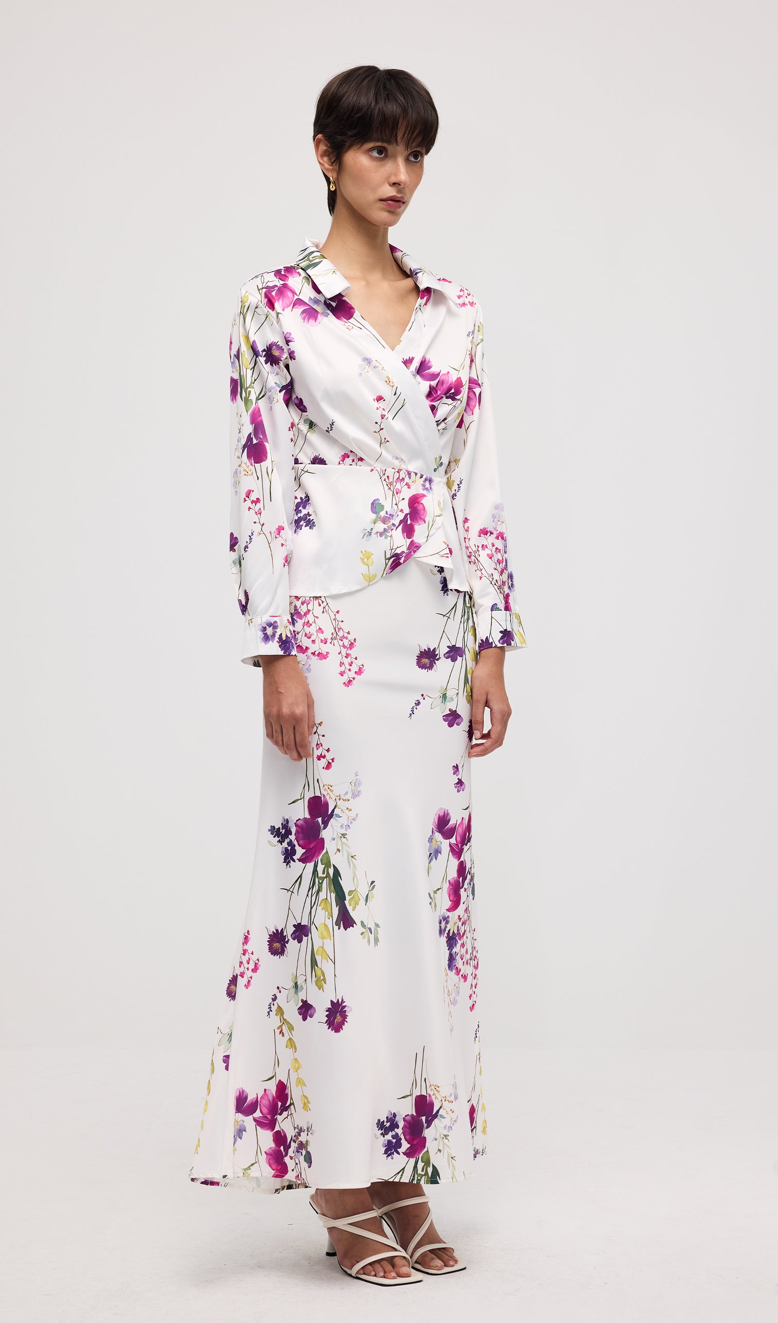 Floral Print Satin Maxi Skirt Two Piece Sets