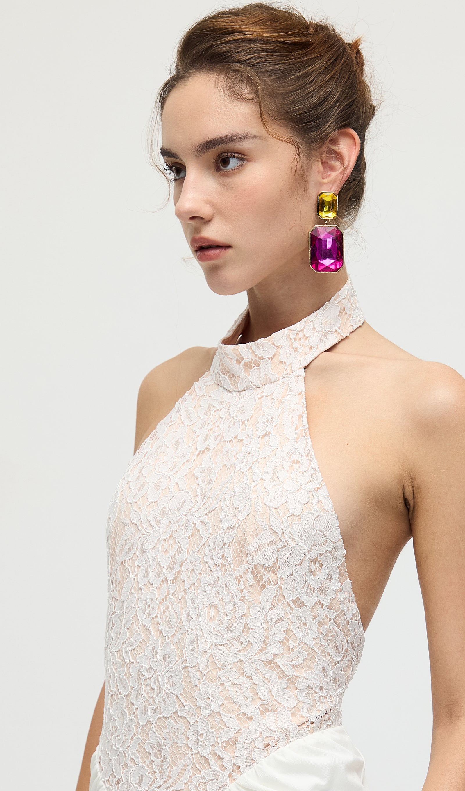 Gathered Lace Jersey Halterneck Dress