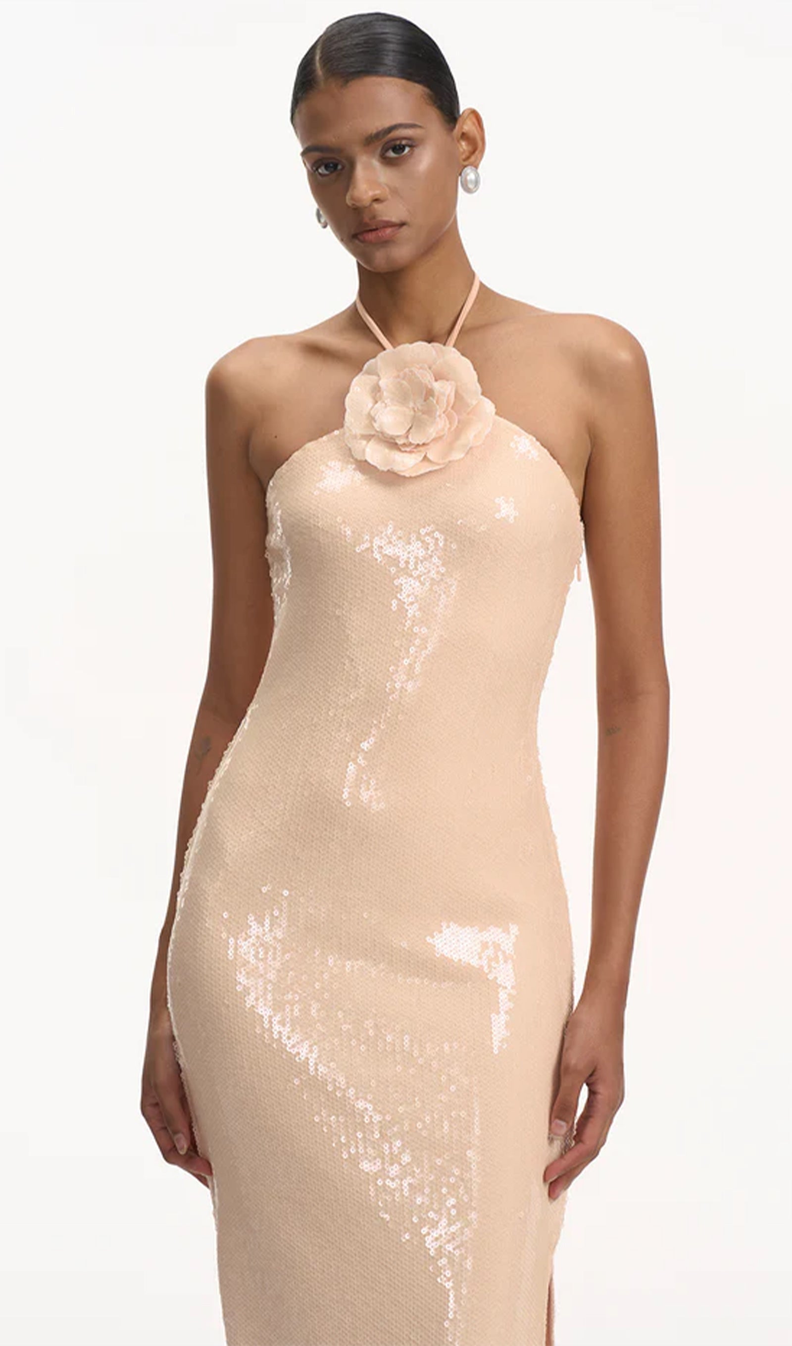 Floral Halter Neck Sequined Maxi Dress