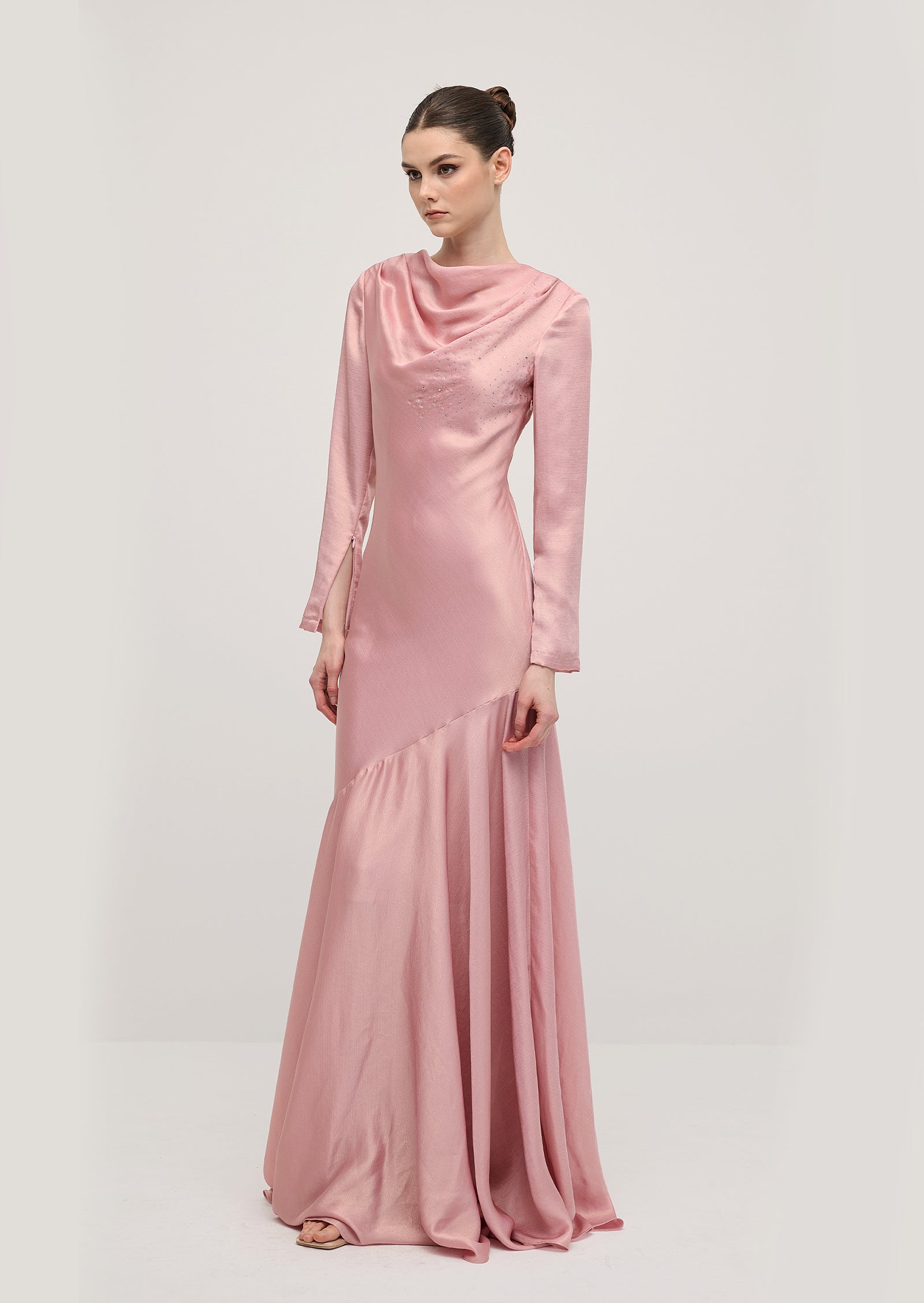 Fitted Satin With Rhinestones Maxi Dress In Pink