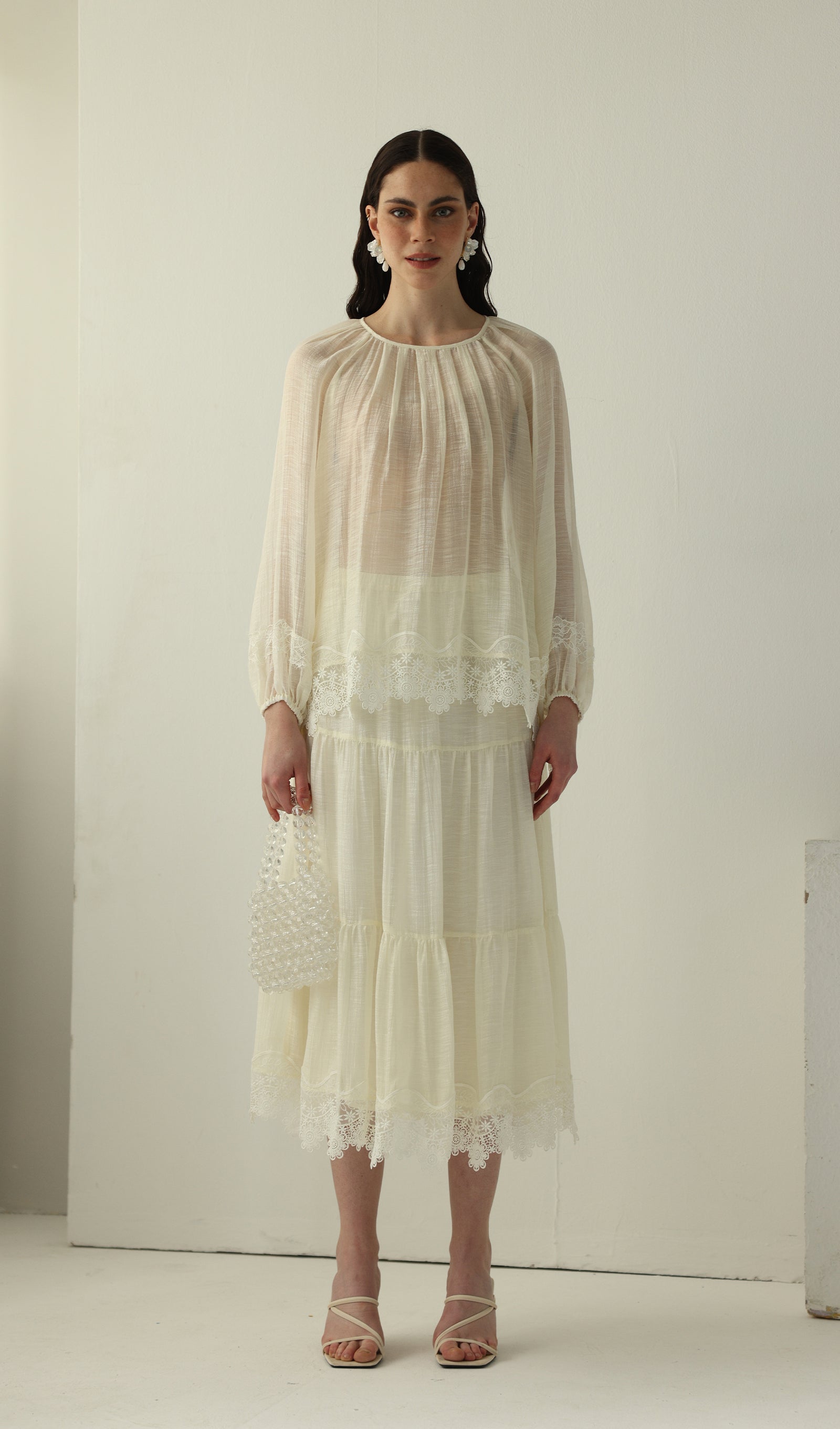 Long Sleeved Lace Panel Midi Skirt