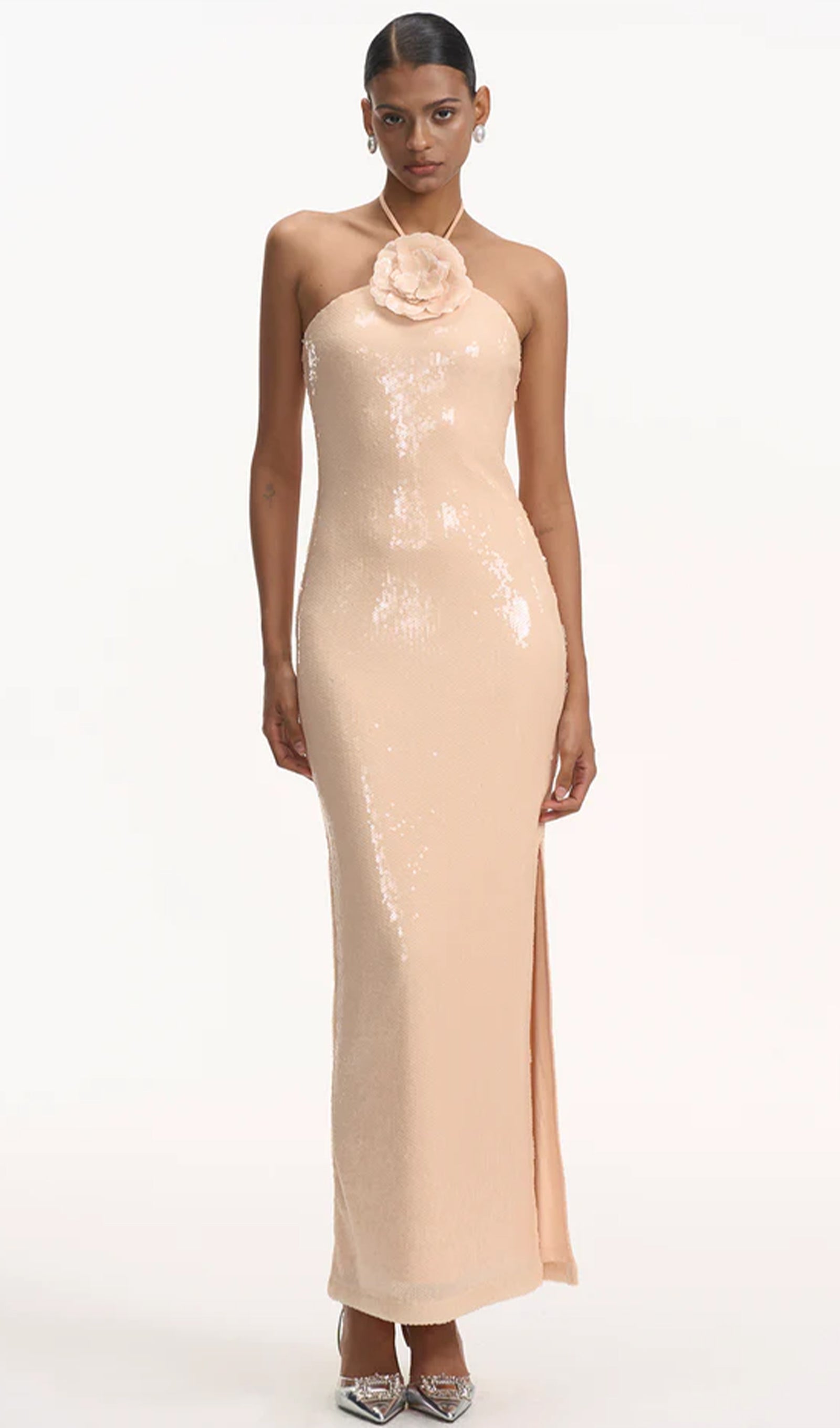 Floral Halter Neck Sequined Maxi Dress
