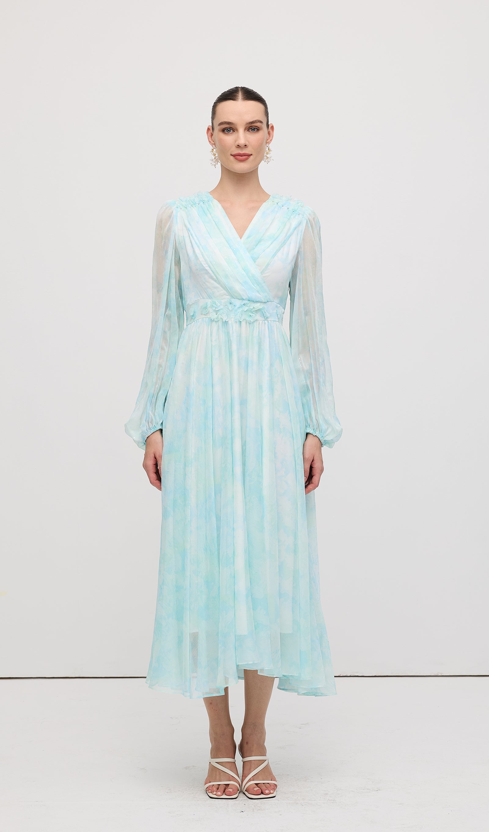 V Neck Ruched Waist Pleated Midi Dress