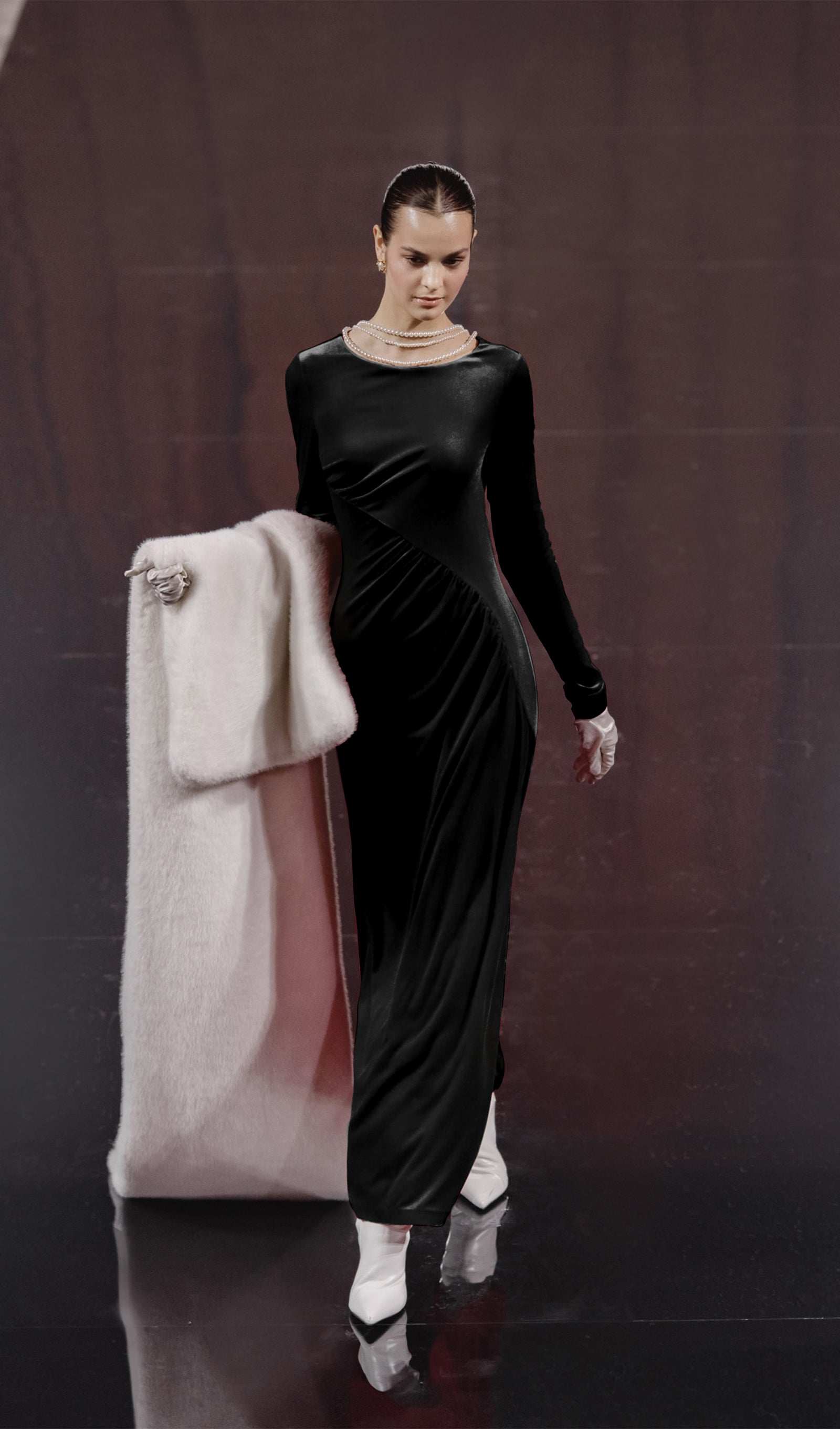 Long Sleeved Gathers  Maxi Dress Black
