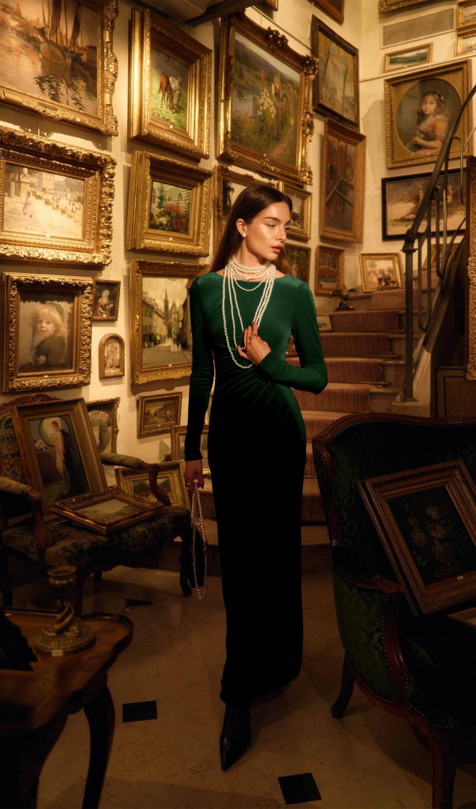 Long Sleeved Gathers  Maxi Dress Dark Green