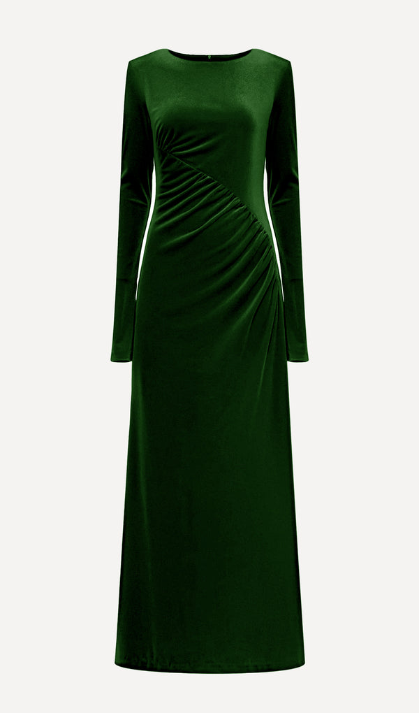 Long Sleeved Gathers  Maxi Dress Dark Green