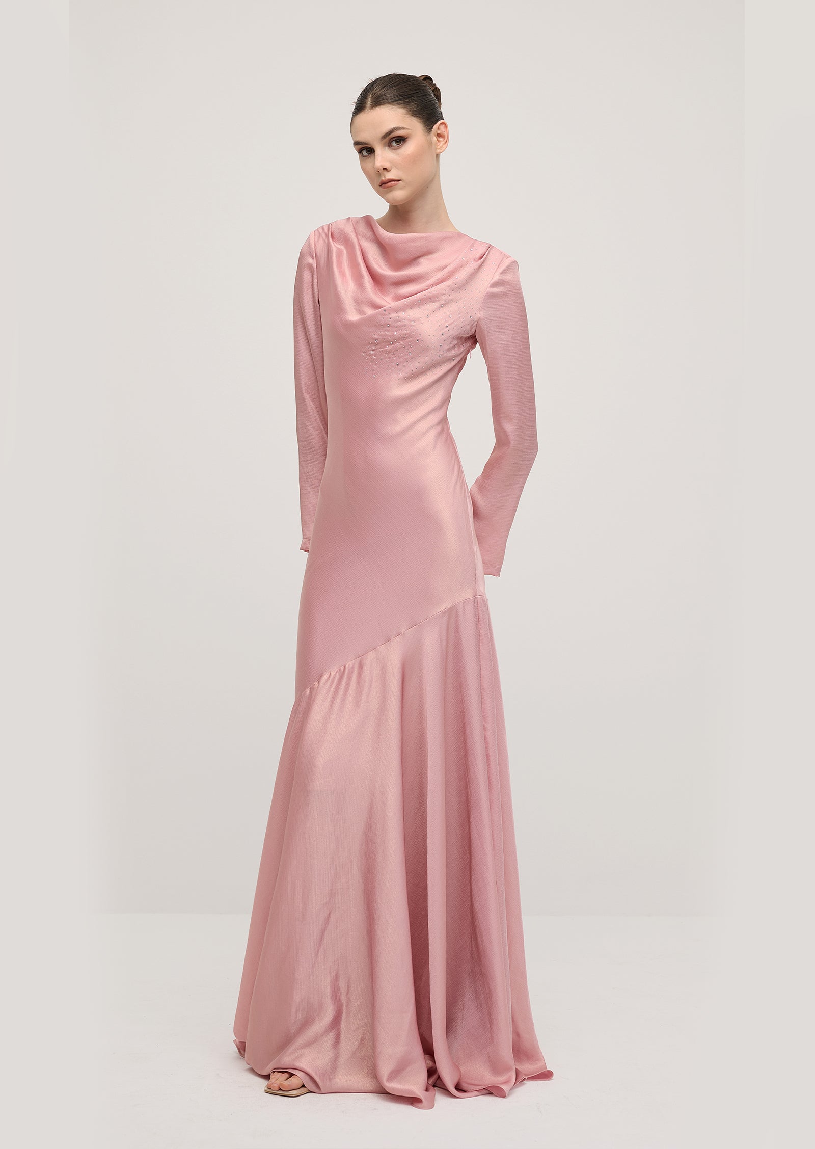 Fitted Satin With Rhinestones Maxi Dress In Pink