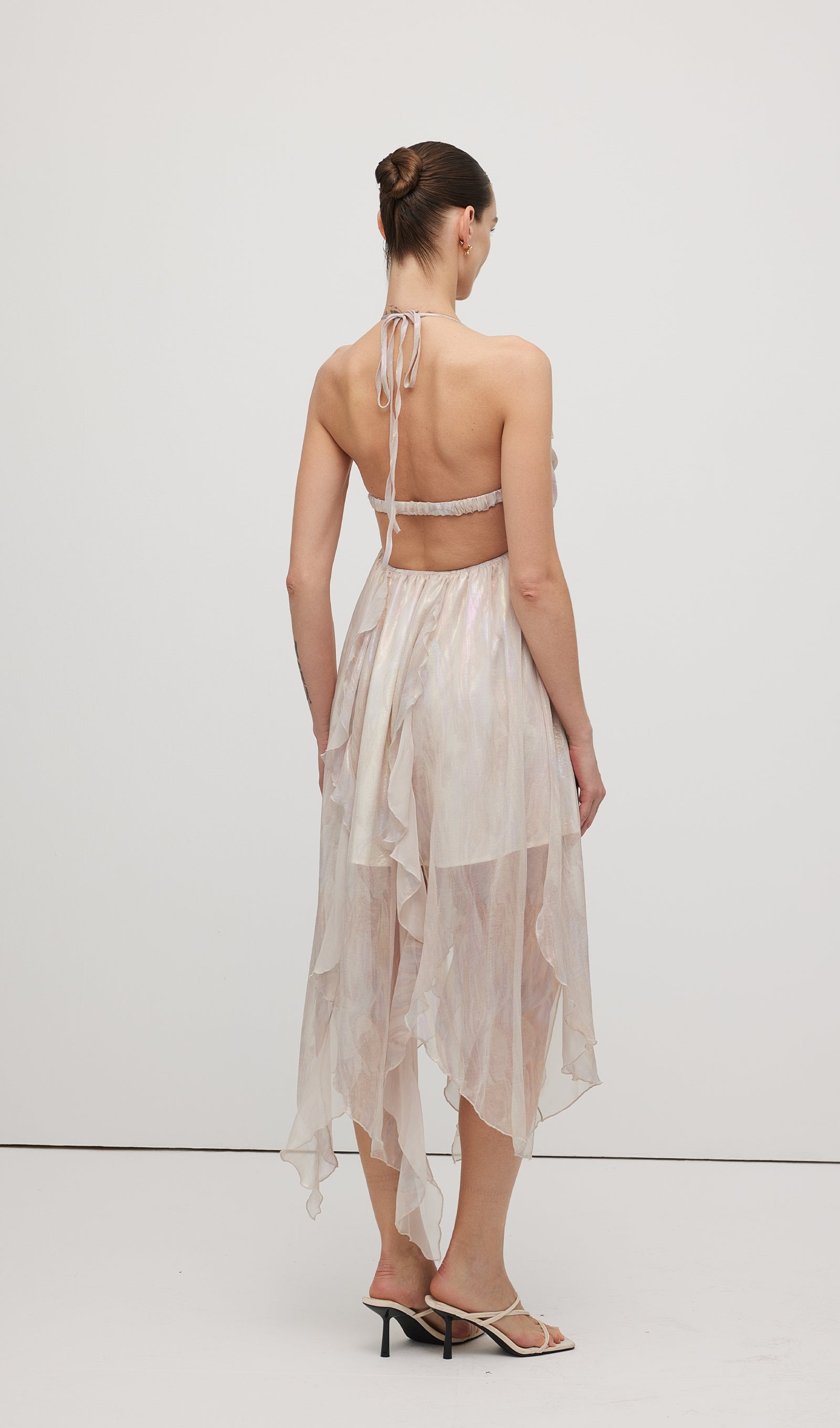 Halter Tulle Pleated Midi Dress In Pink