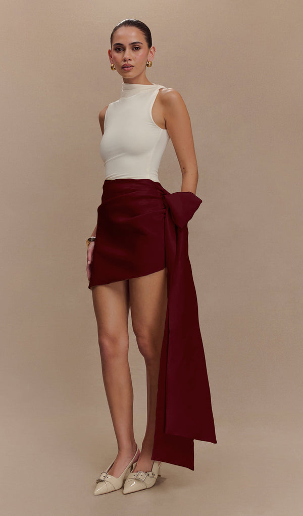 Taffeta Mini Skirt With Tie - Wine Red