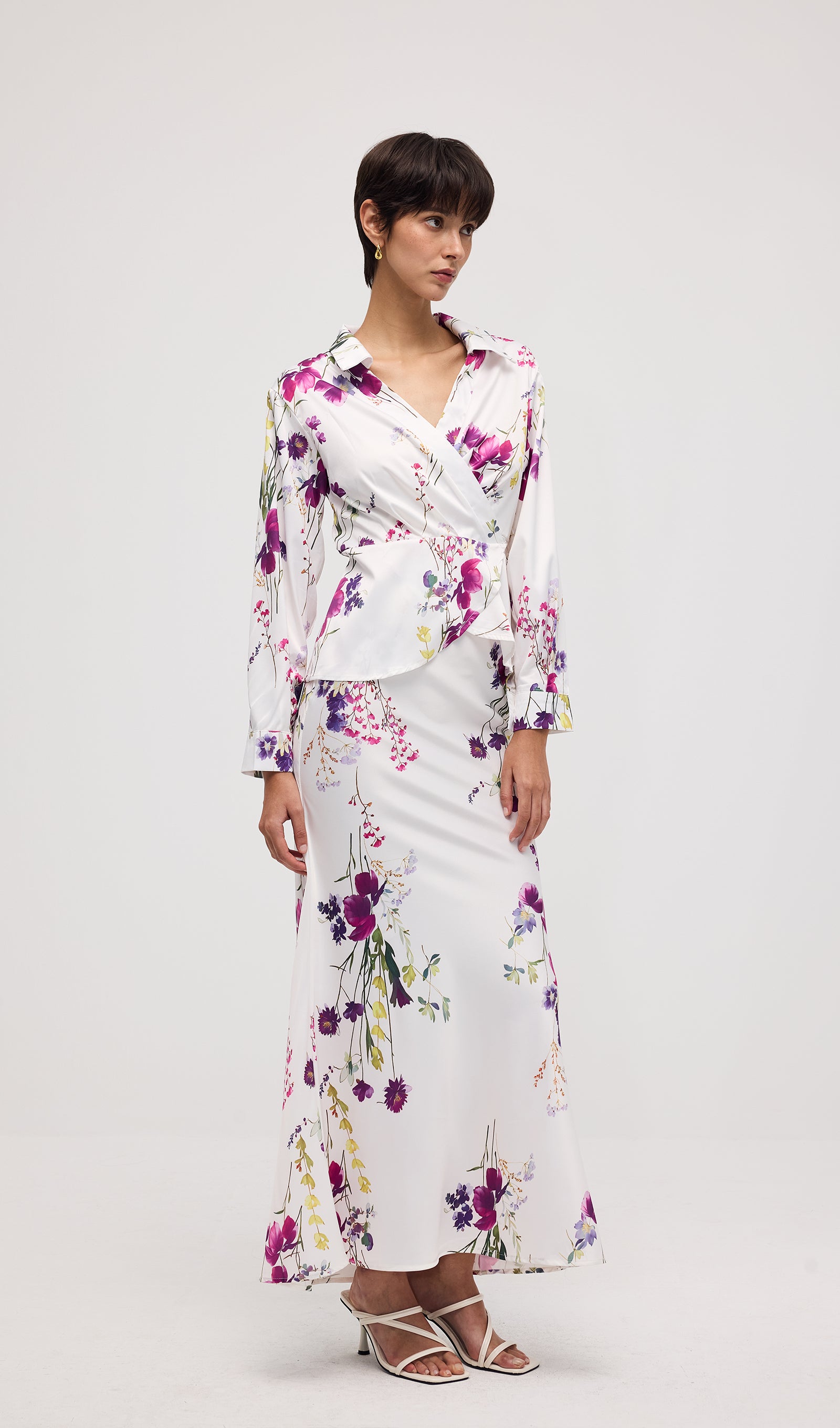 Floral Print Satin Maxi Skirt Two Piece Sets