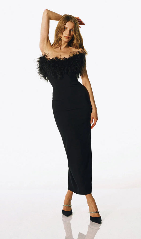 Lena Feather Trimmed Midi Dress Black