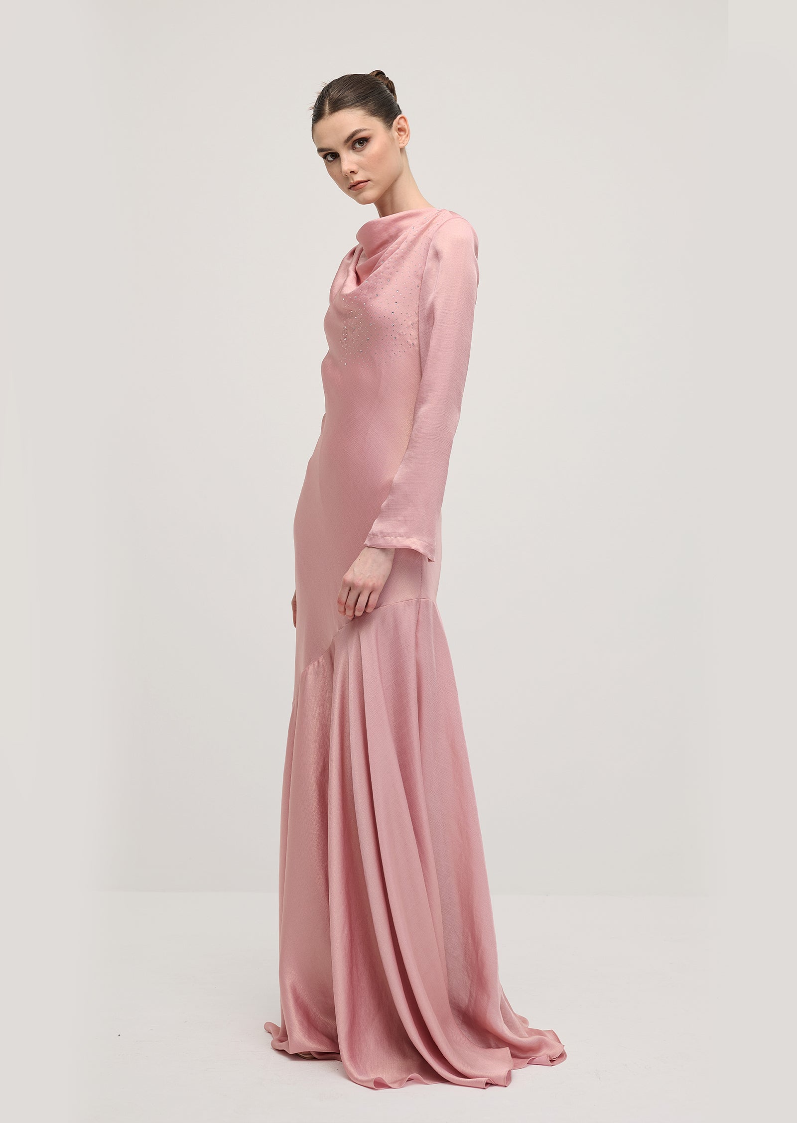 Fitted Satin With Rhinestones Maxi Dress In Pink