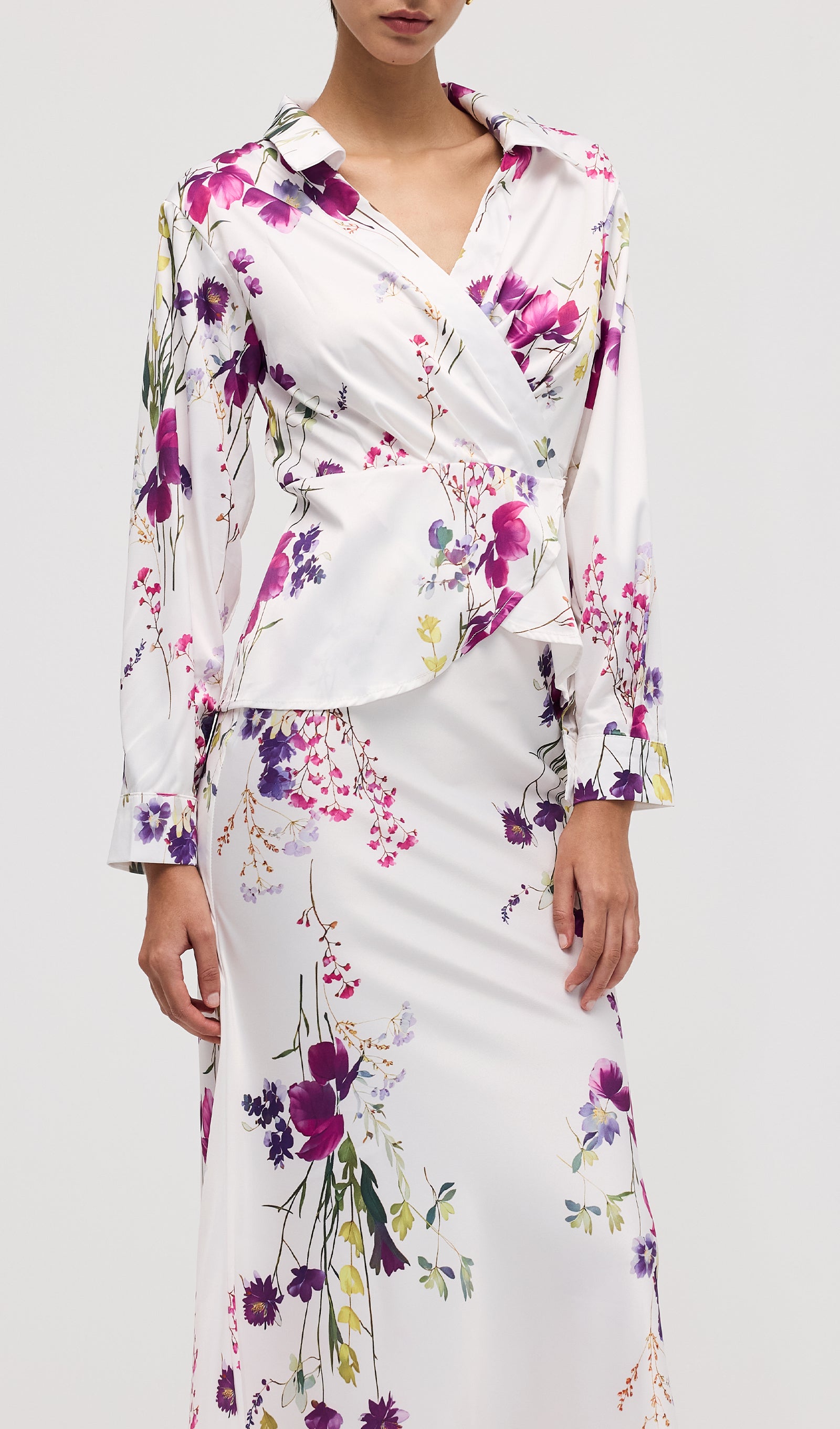 Floral Print Satin Maxi Skirt Two Piece Sets