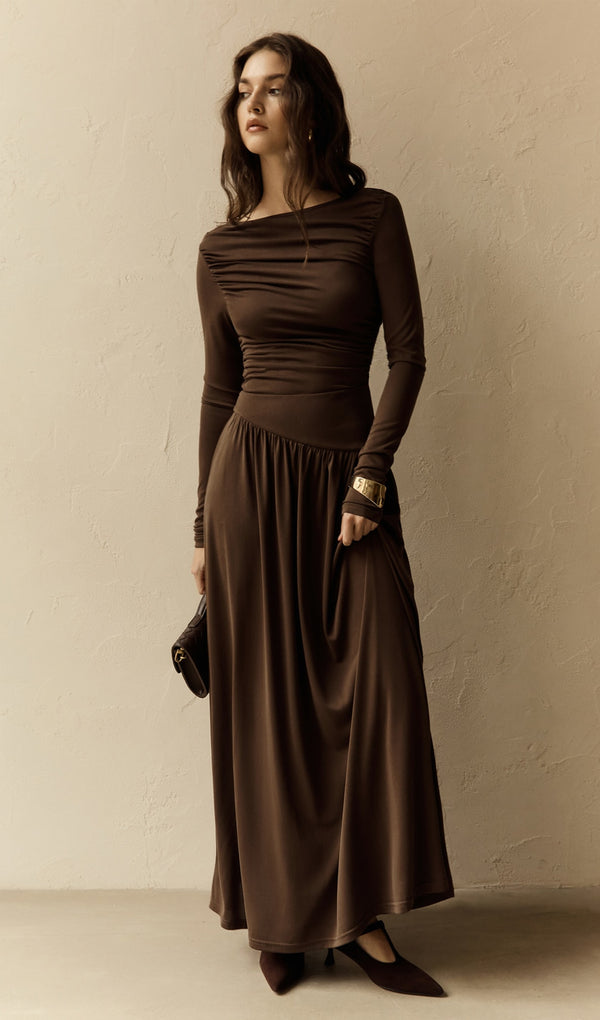 Ruffle Knitted Maxi Dress-Brown