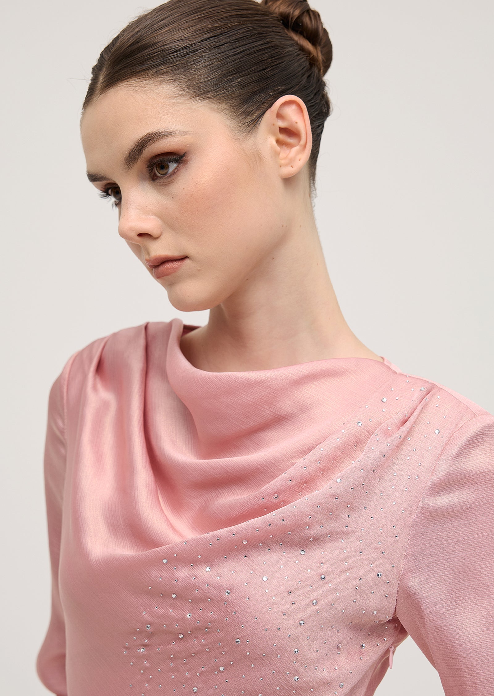 Fitted Satin With Rhinestones Maxi Dress In Pink
