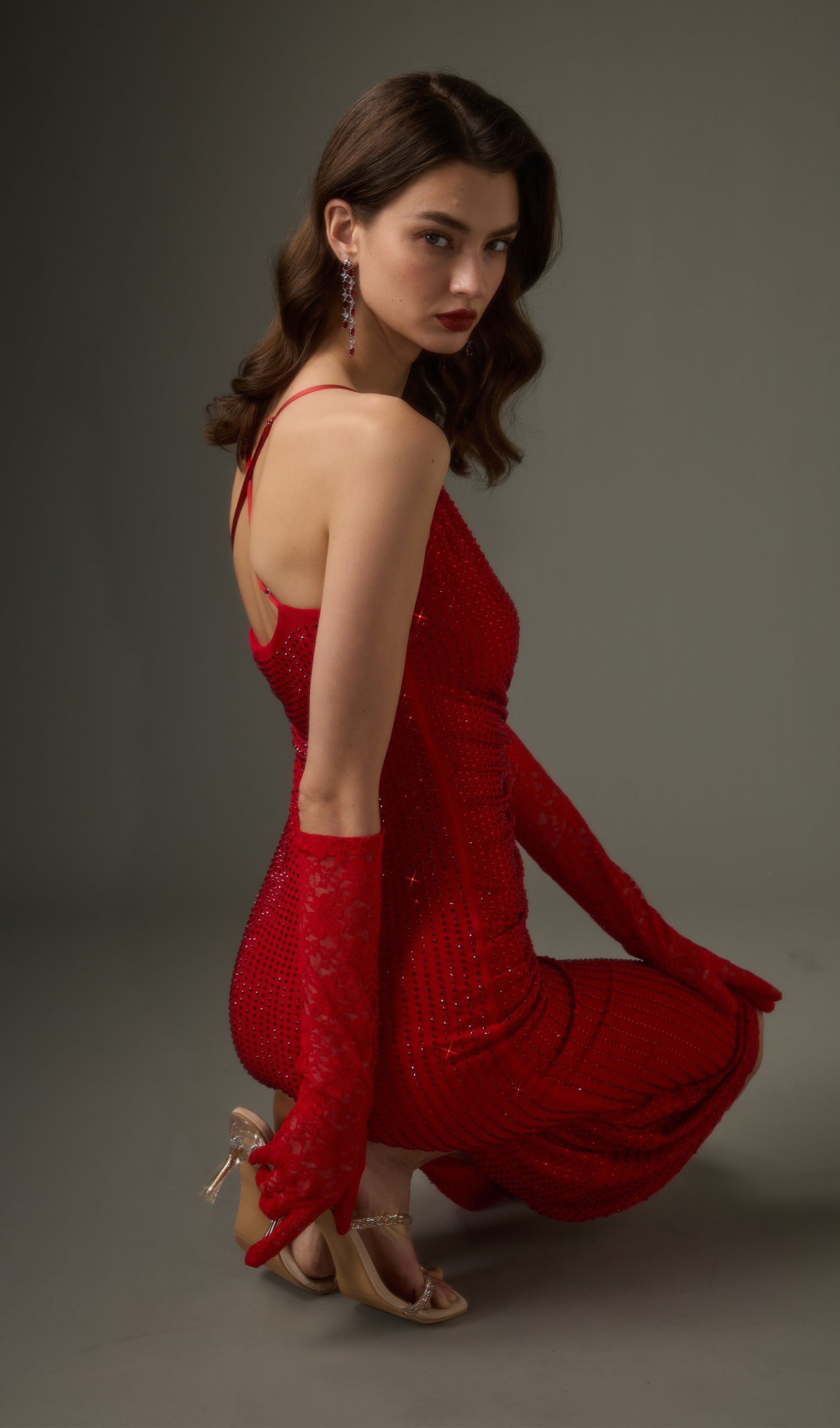 Diamante Ruched Midi Dress In Red