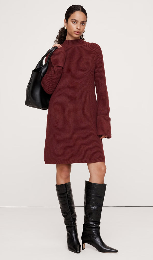 Solid Cotton-Wool Mini Sweater Dress-Red