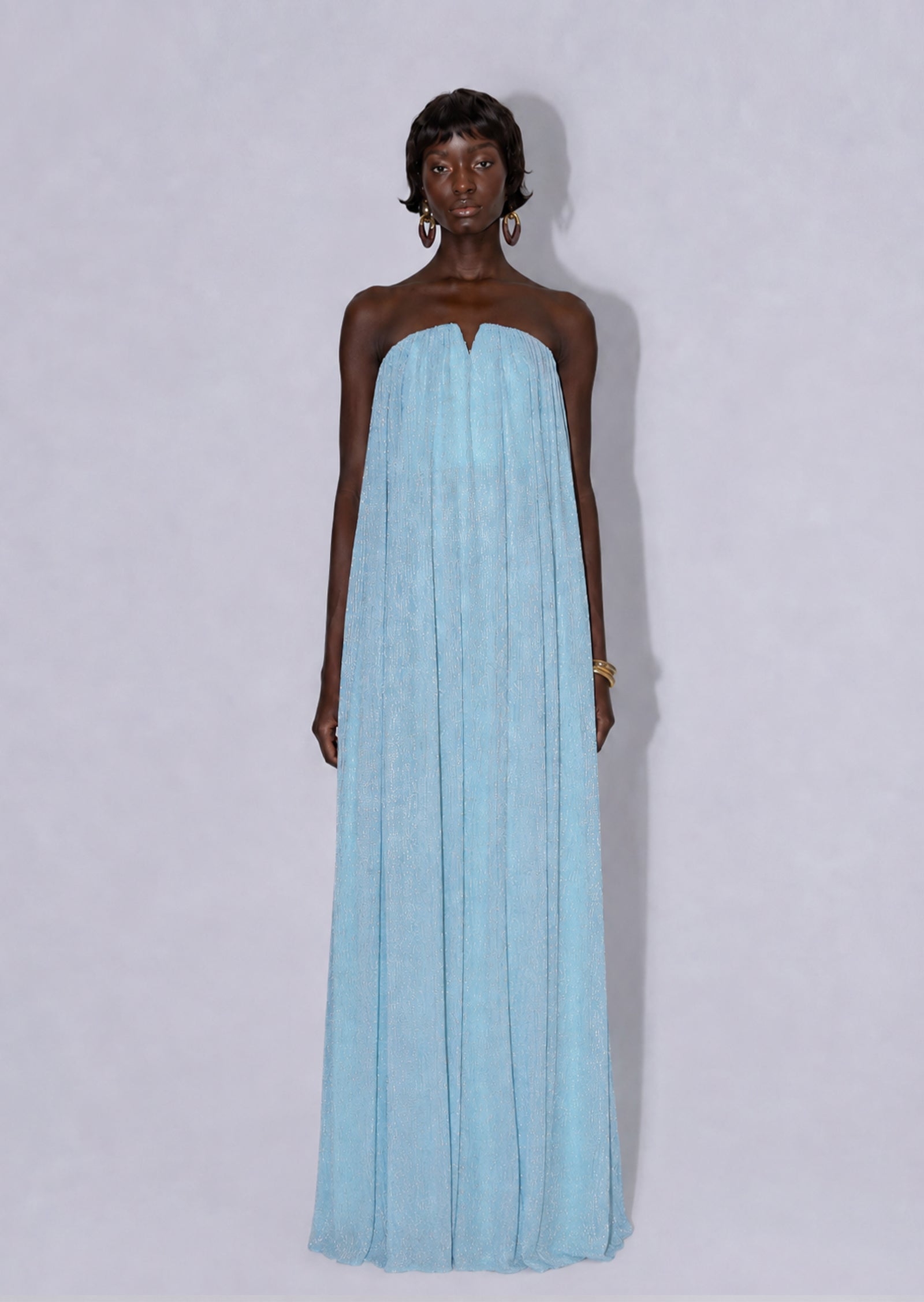 Chasca Strapless Shimmering Maxi Dress In Blue