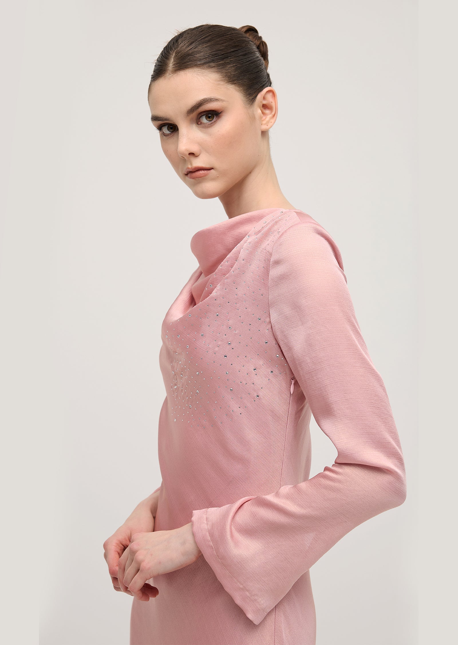 Fitted Satin With Rhinestones Maxi Dress In Pink